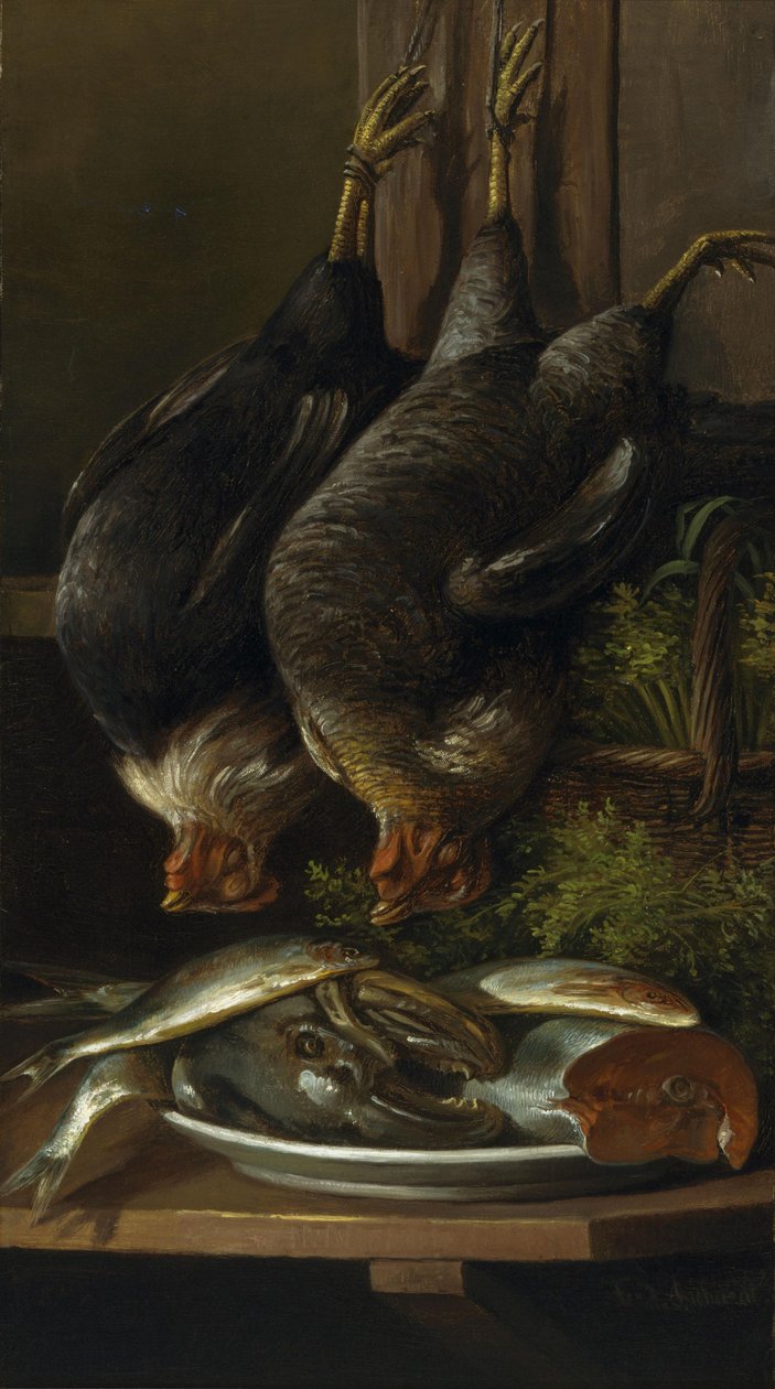 Stilleben med kycklingar och fiskar av Ferdinand Richardt