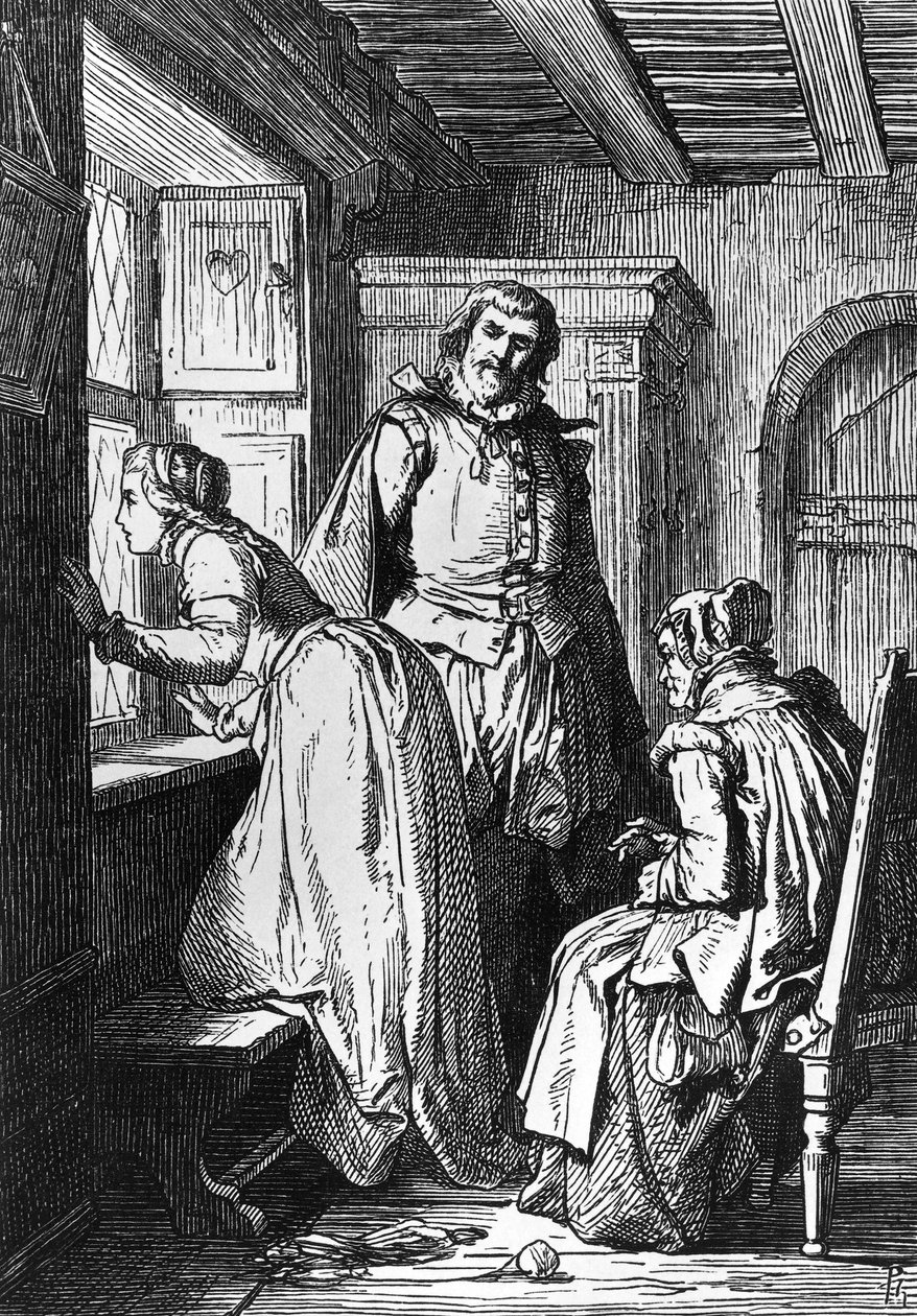 Klaerchen väntar på Egmont, illustration till Egmont, tragedi av Johann Wolfgang von Goethe (1749-1832), träsnitt efter teckning av Ferdinand Rothbart (1823-1899) av Ferdinand Rothbart