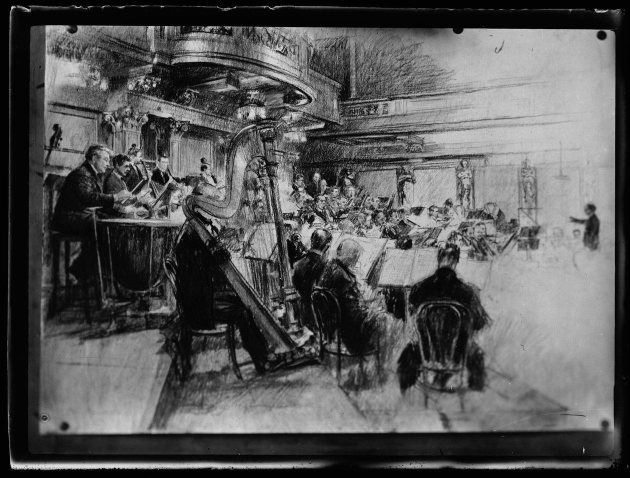 Orkesterrepetition av den wienska medlemmen i en filharmonisk orkester av Ferdinand Schmutzer