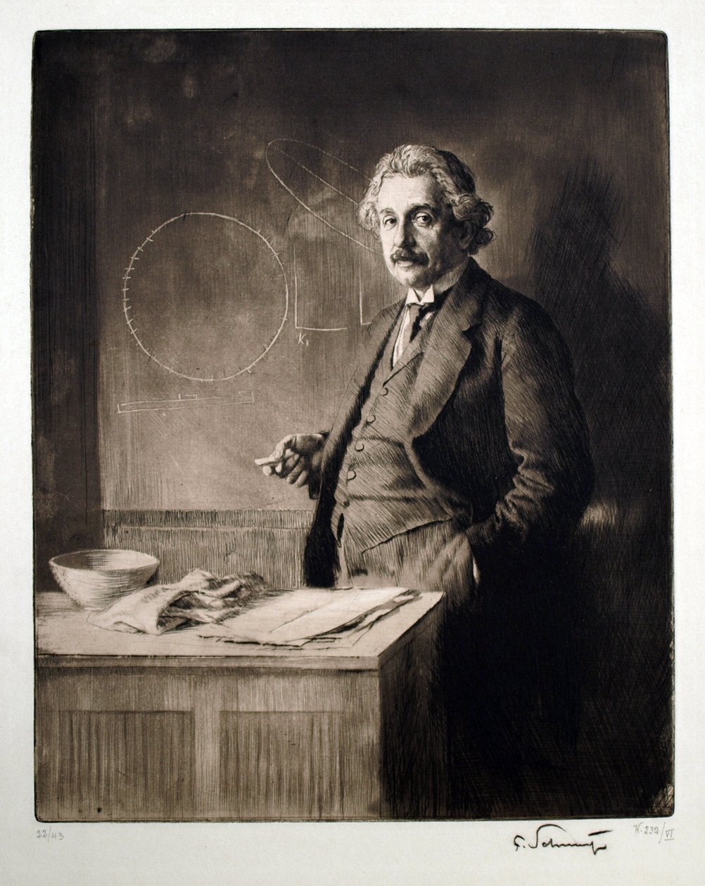 Porträtt av Albert Einstein (1879-1955). Verk av Ferdinand Schmutzer (1870-1928), gravyr av Ferdinand Schmutzer