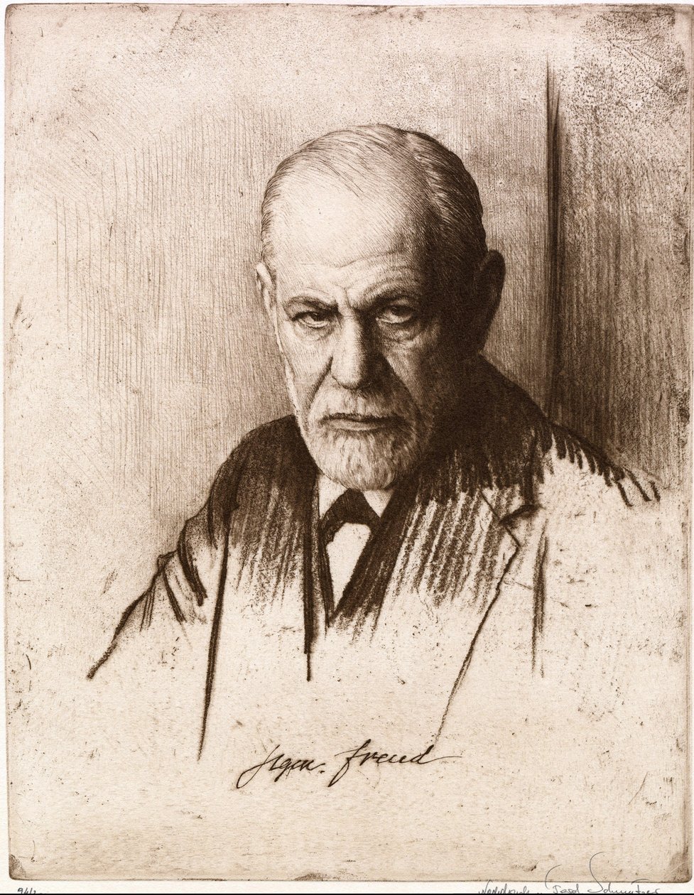 Porträtt av Sigmund Freud (1856-1939). Verk av Ferdinand Schmutzer (1870-1928), gravyr av Ferdinand Schmutzer