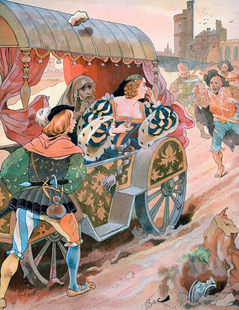 Attack på en vagn, Quai de Nesles, Francis I:s regeringstid, 1500-talet, c1870-1950. av Ferdinand Sigismund Bac