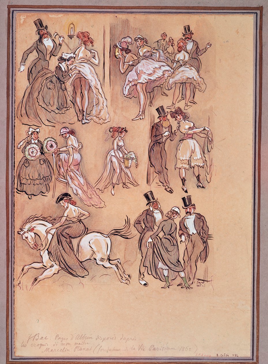 Andra franska imperiet: modetallrik för dansare, ryttare och eleganta herrar (gravyr) av Ferdinand Sigismund Bac
