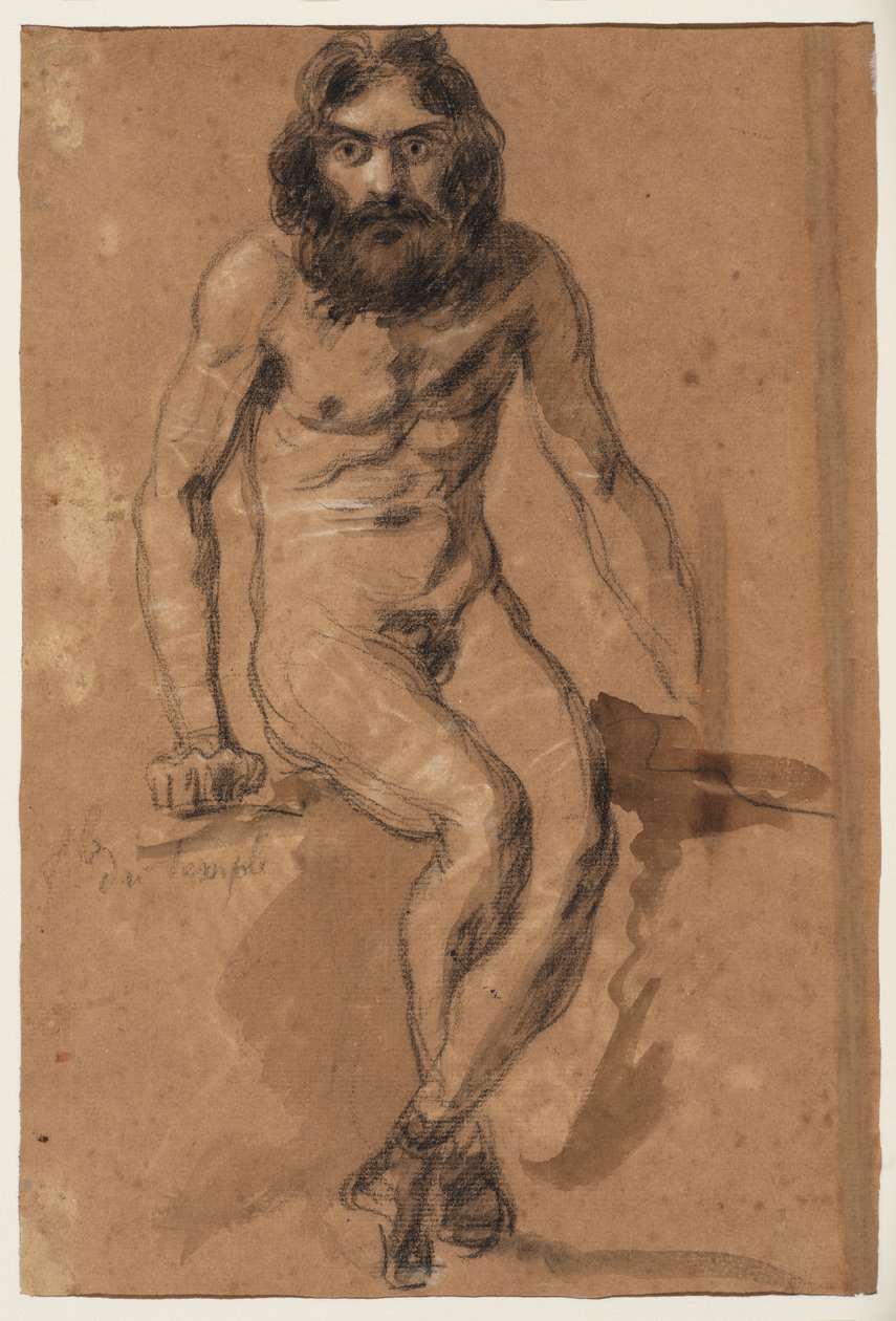 Hästar som springer (recto); naken skäggig man, sittande (verso), ca 1800-1899 (svart och vit krita (recto), svart och vit krita och brun tvätt (verso), på brunt förbehandlat lagt papper) av Ferdinand Victor Eugene (after) Delacroix