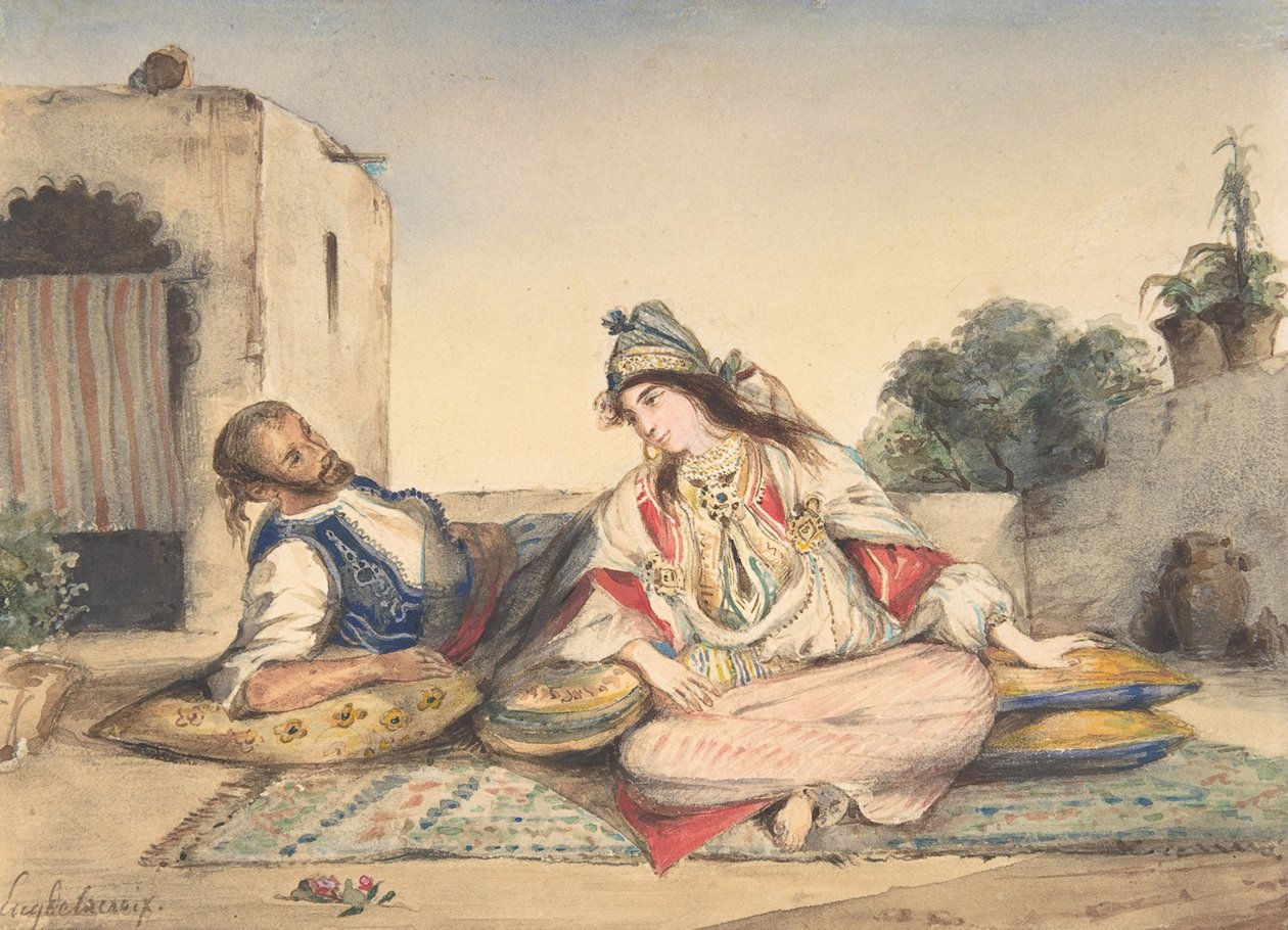 Ett moriskt par på deras terrass, 1832 (wc över grafit på vävt papper) av Ferdinand Victor Eugene Delacroix