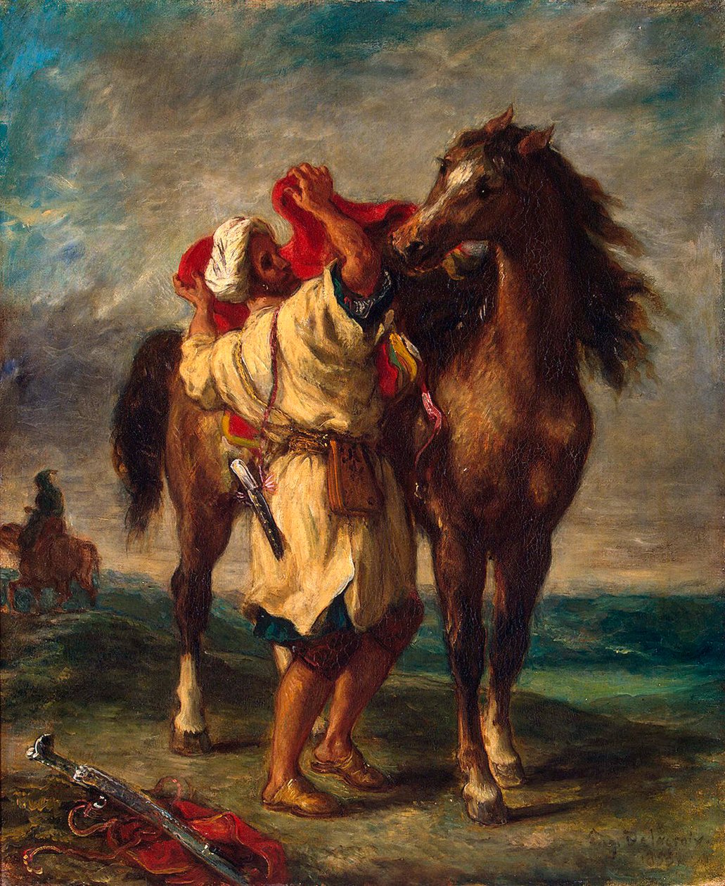 En marockansk sadlar sin häst, 1855. av Ferdinand Victor Eugene Delacroix