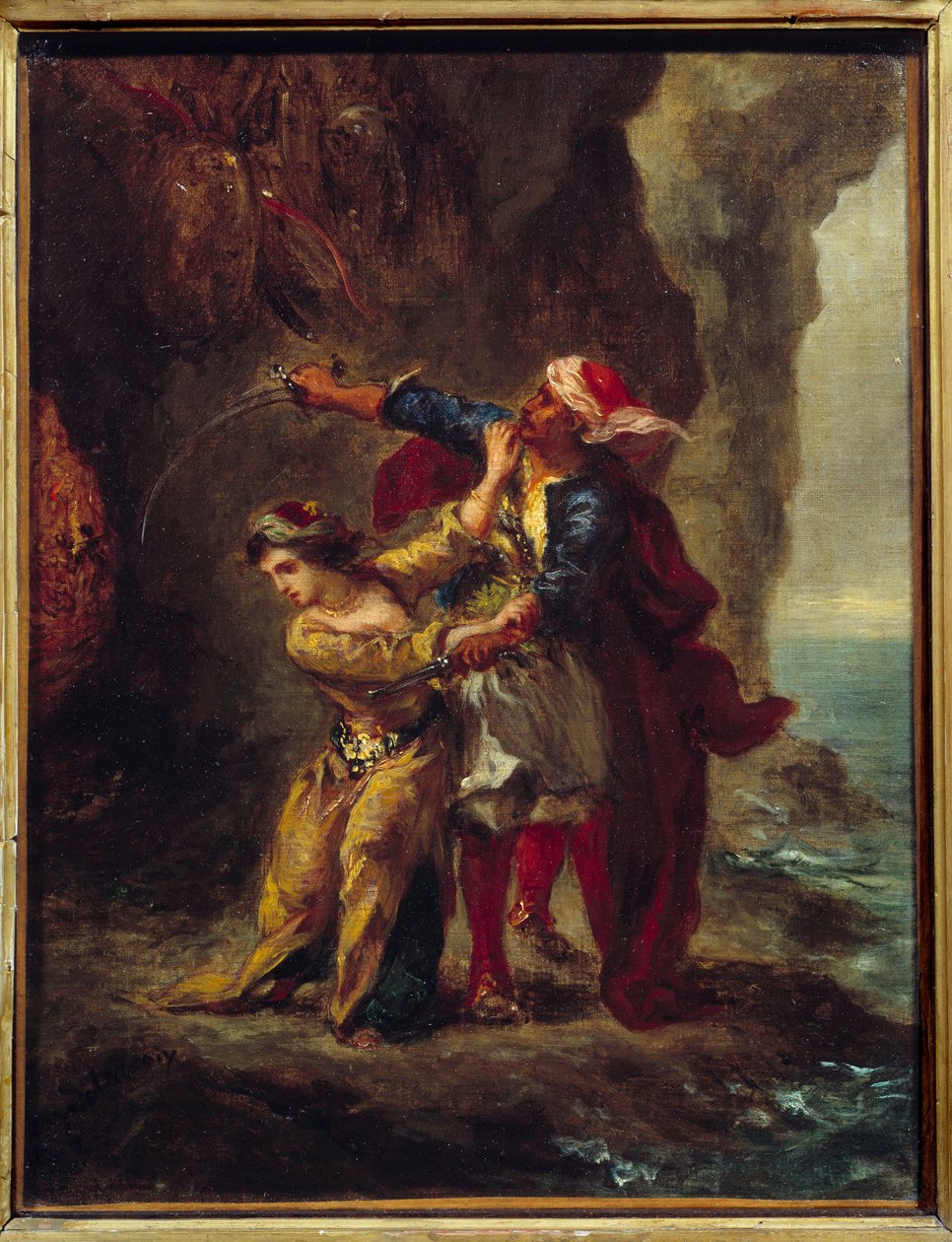 Abydos fästmö. (The Bride of Abydos) Illustration av George Gordon Byrons bok känd som Lord Byron (1788-1824) "The Bride of Abydos", sång II Strophe XXIII. Målning av Eugene Delacroix (1798-1863) av Ferdinand Victor Eugene Delacroix