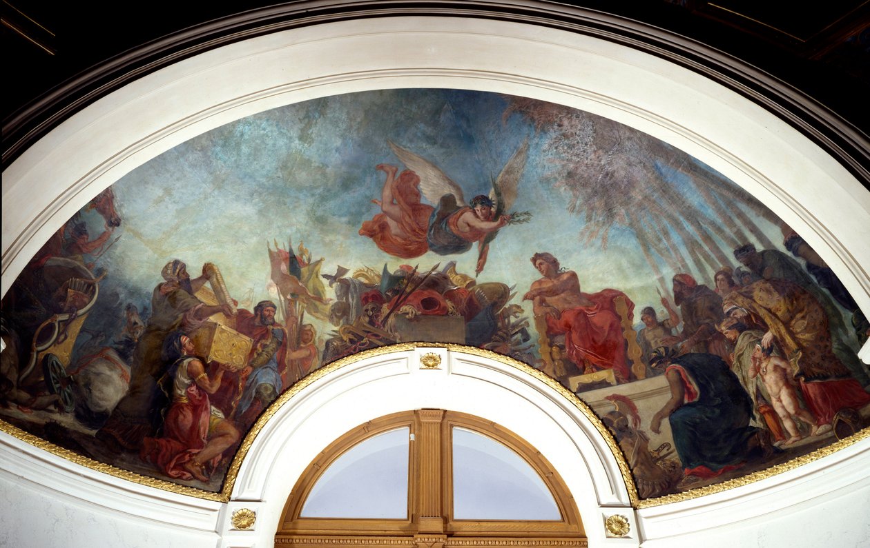 Alexander den store (356-323 f.Kr.) gör Homeres verk inlåsta i en guldkassett. Kupol av Senatbiblioteket i Palais du Luxembourg, Paris. Målning av Eugene Delacroix (1798-1863) av Ferdinand Victor Eugene Delacroix