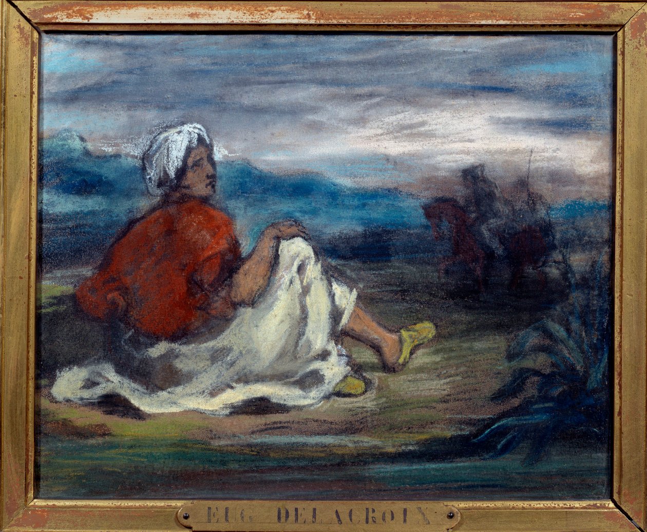 En arab som sitter på landsbygden vid kanten av en väg Pastellmålning av Eugene Delacroix (1798-1863) Privat samling från 1800-talet av Ferdinand Victor Eugene Delacroix