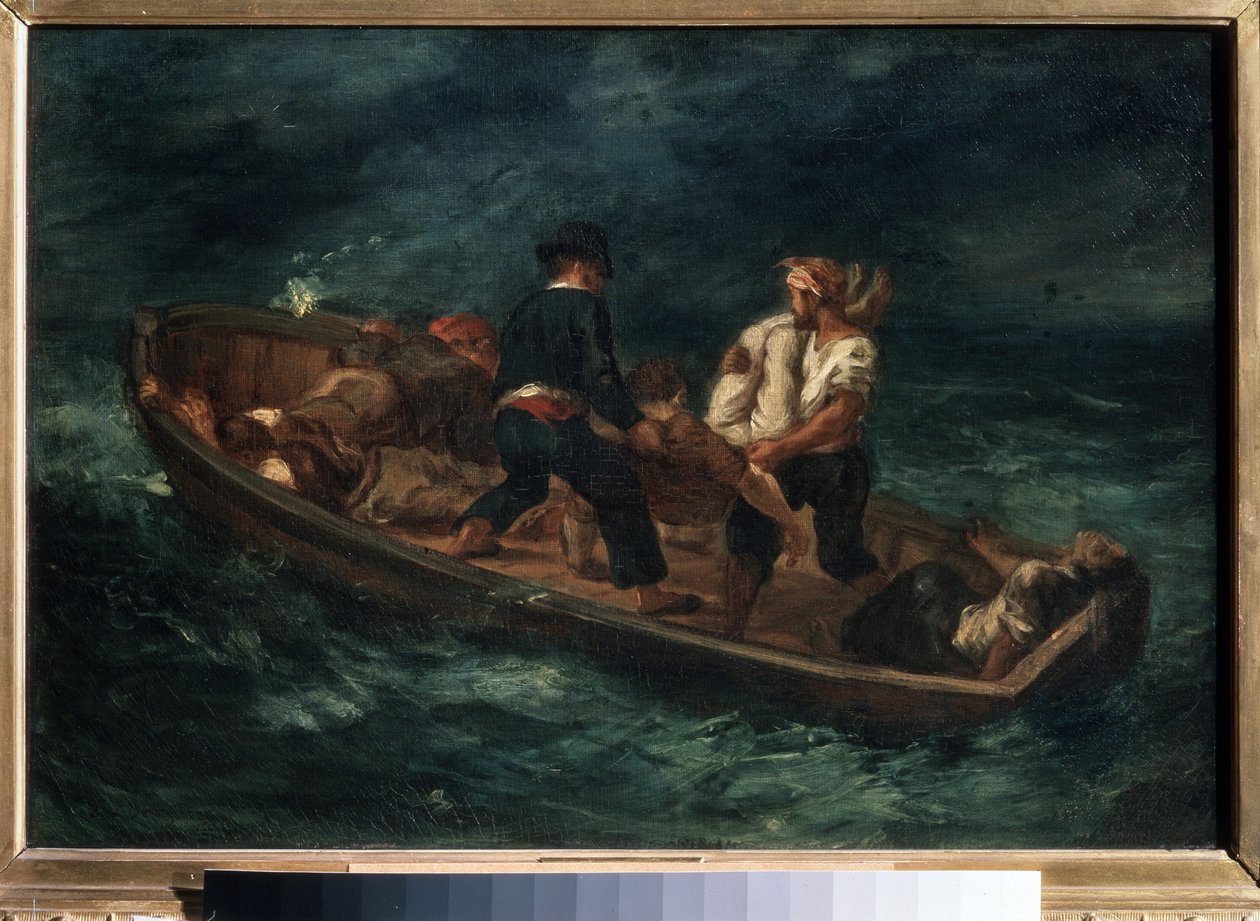 ”Efter ett skeppsbrott” (även kallat ”Abandoned Shipwrecks in a Canoe”) Överlevande från ett skeppsvrak på en flotte. Målning av Eugene Delacroix (1798-1863) 1847 Pushkin Museum of Fine Arts, Moskva av Ferdinand Victor Eugene Delacroix