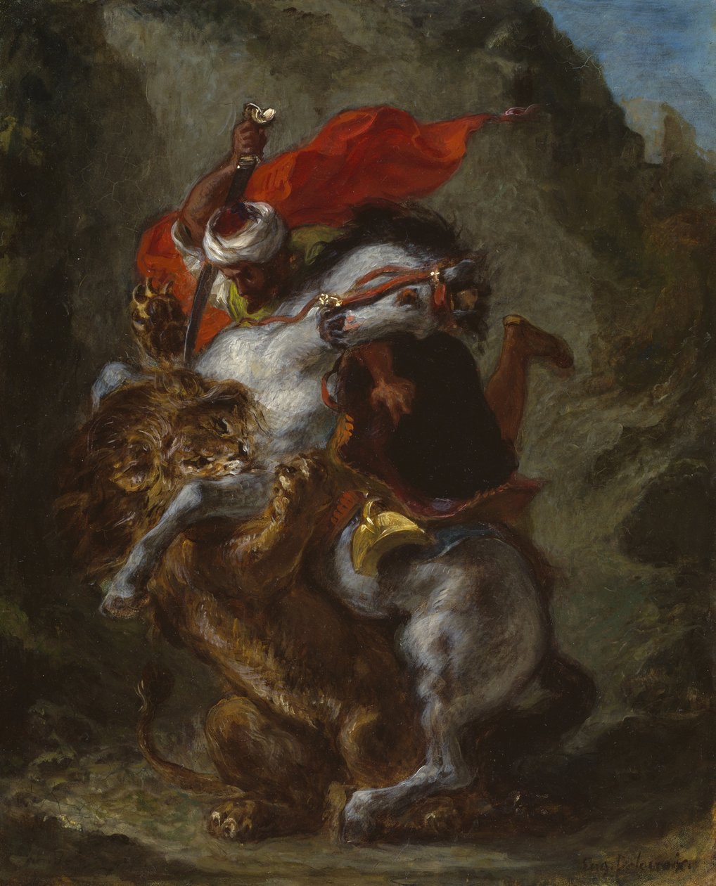 Arabisk ryttare attackerad av ett lejon, 1849-50 av Ferdinand Victor Eugene Delacroix