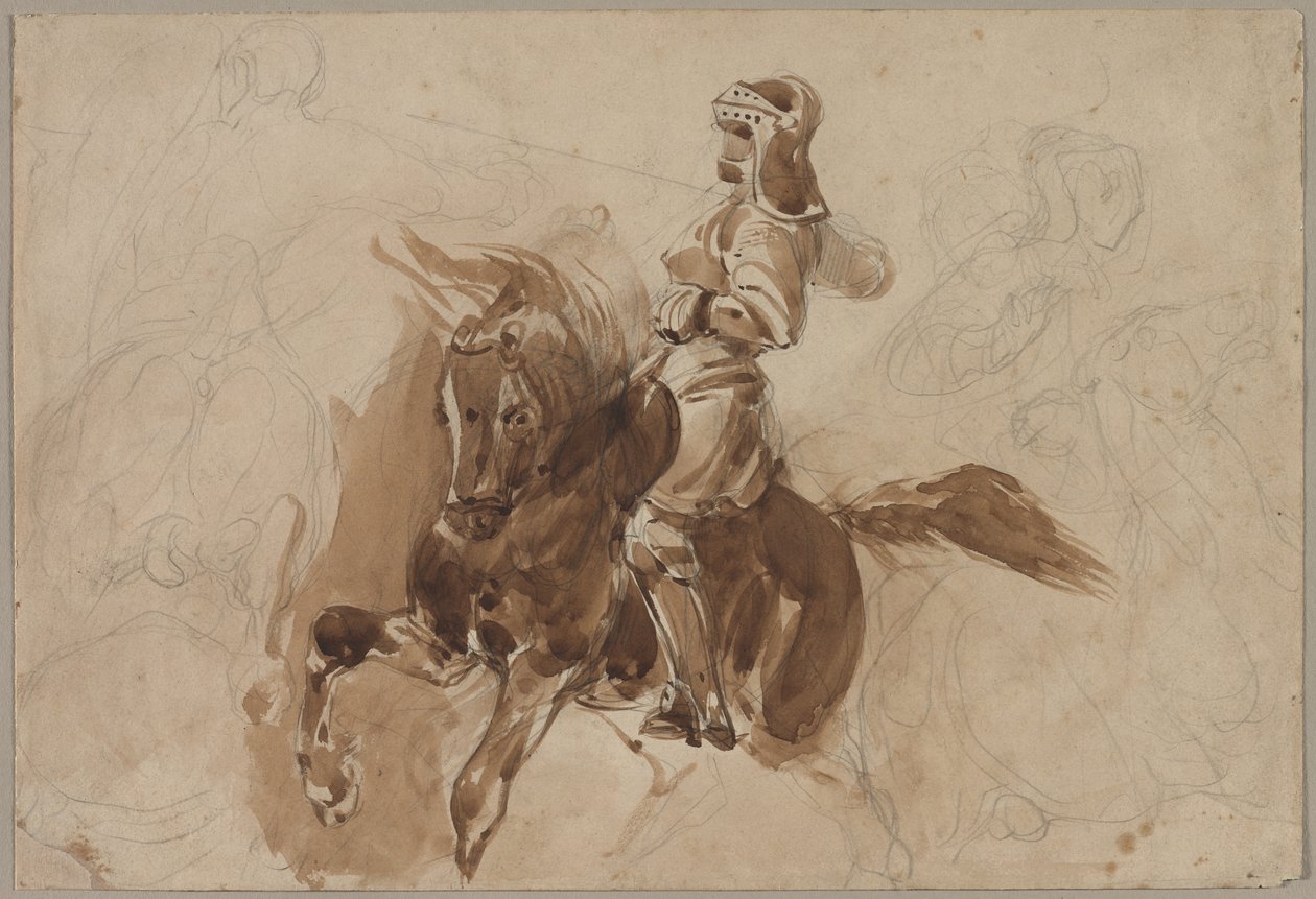 Pansarfigur på hästryggen recto, häst framför en lada verso, ca. 1828. av Ferdinand Victor Eugene Delacroix