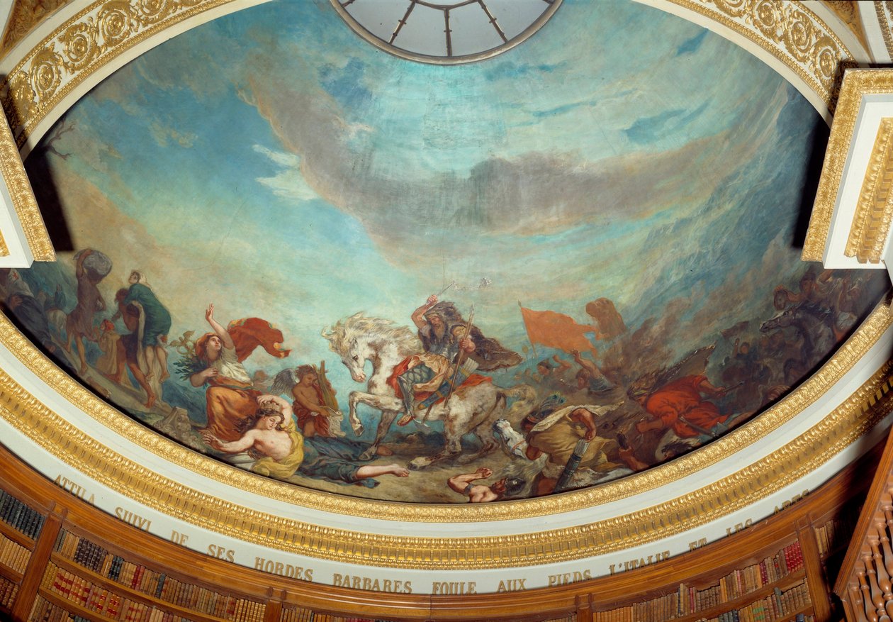 Attila (395-453) hövding för Hunsstammen, följt av hans barbarhorder trängdes i Italien i 452 Fresco av Eugene Delacroix (1798-1863) som dekorerade kupolen på nationalförsamlingens bibliotek (Palais Bourbon) 1843 Paris av Ferdinand Victor Eugene Delacroix