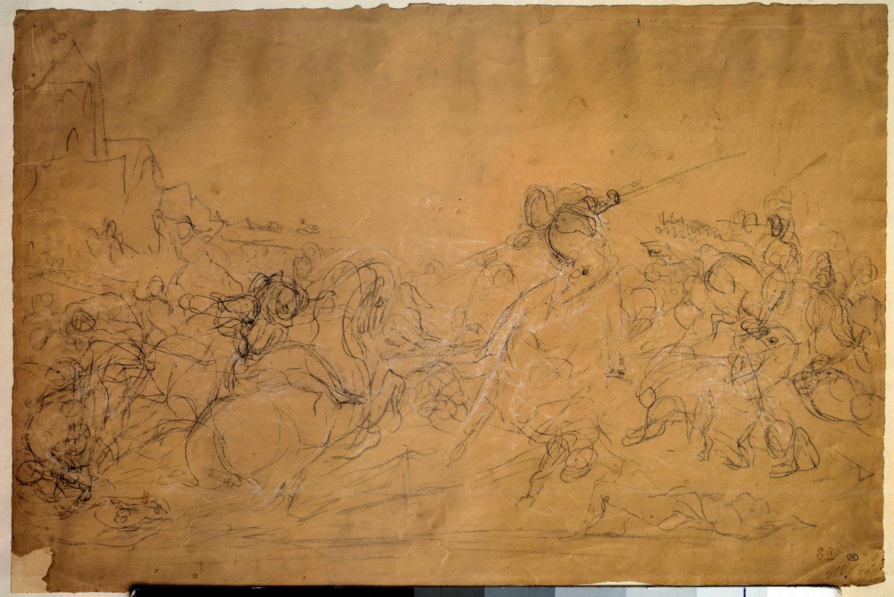 Stridsscen teckning på laxpapper av Eugene Delacroix (1798-1863) 1800-talets sön. 0,30 X 0,45 m. Paris, Louvren av Ferdinand Victor Eugene Delacroix