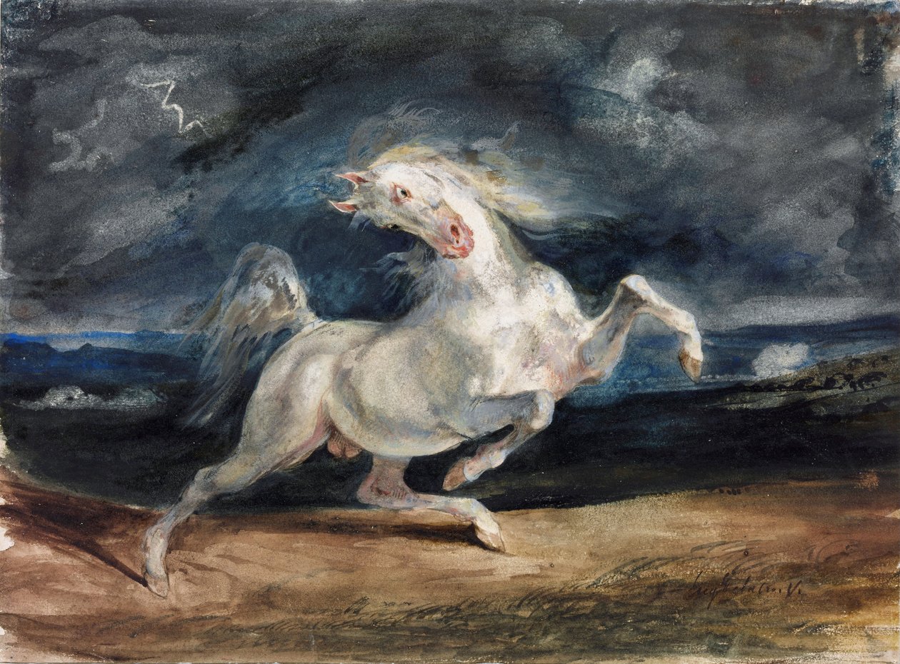 Cheval effraye par la foudre - Häst skrämd av blixten - Delacroix, Eugene (1798-1863) - 1825-1829 - Akvarell, Gouache på papper - 23,6x32 - Szepmuveszeti Muzeum, Budapest av Ferdinand Victor Eugene Delacroix
