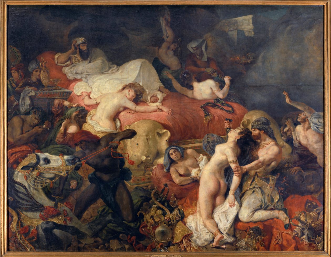 Sardanapales död. Sardanapale, assyrisk kung som belägrades av uppror, lät slakta sina fruar och hästar innan han tog livet av sig. Målning av Eugene Delacroix (1798-1863) av Ferdinand Victor Eugene Delacroix