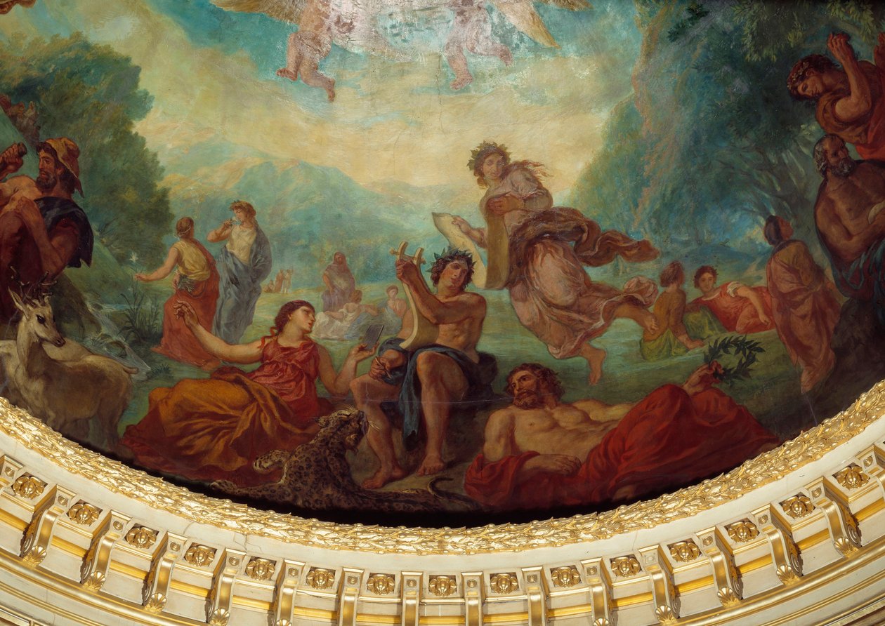 Nedstigning till Limbes: "" Orphee, Sapho (Sappho) till vänster och en musa"" Detalj av målningen av Eugene Delacroix (1798-1863) som dekorerar kupolen på senatens bibliotheque, ca 1845. Palais du Luxembourg, Paris av Ferdinand Victor Eugene Delacroix