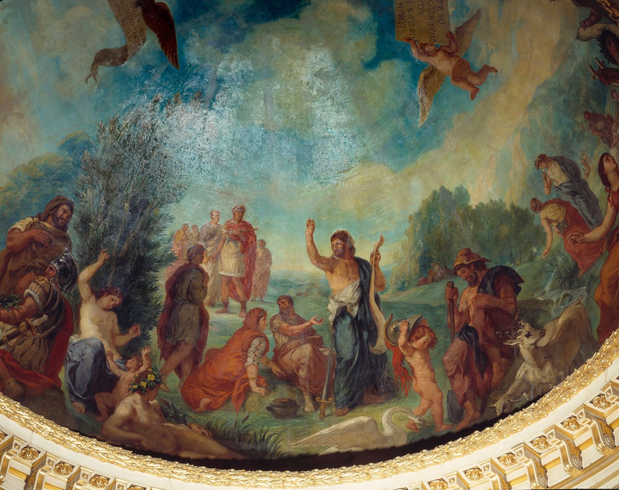 Nedstigning till Limbo: gruppen romare. Från vänster till höger, Pyrrhus, Hannibal, Trajanus, Ciceron, Porcia, Jules cesar (i bakgrunden), Marc Aurele, Caton d