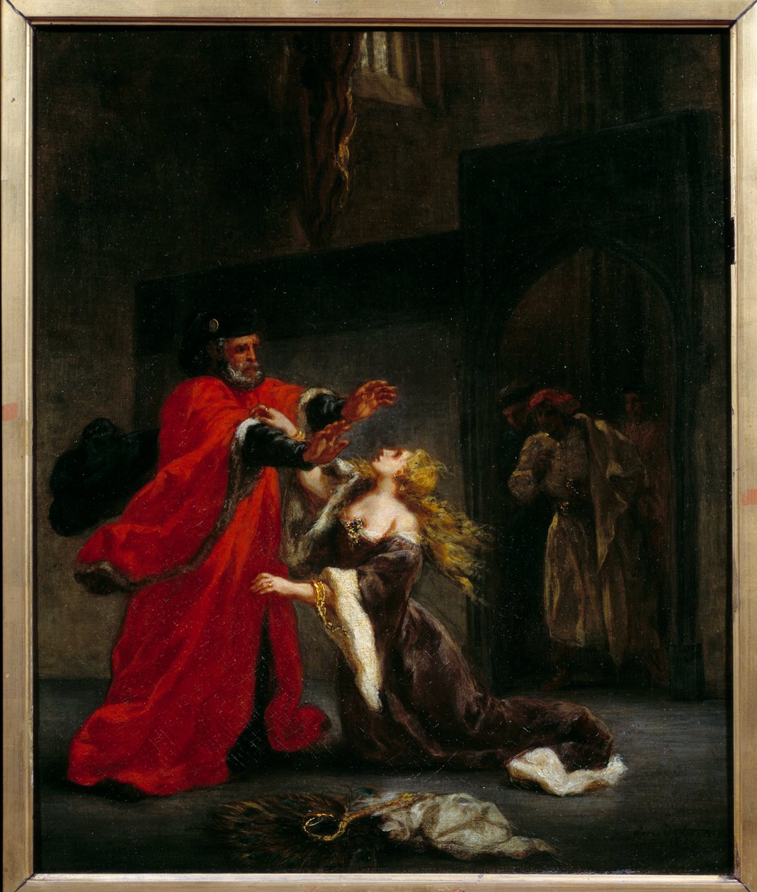 Desdemone förbannad av sin far (Brabantio). Illustration av William Shakespeares pjäs "Othello or the Moor of Venice"". Målning av Eugene Delacroix (1798-1863) av Ferdinand Victor Eugene Delacroix