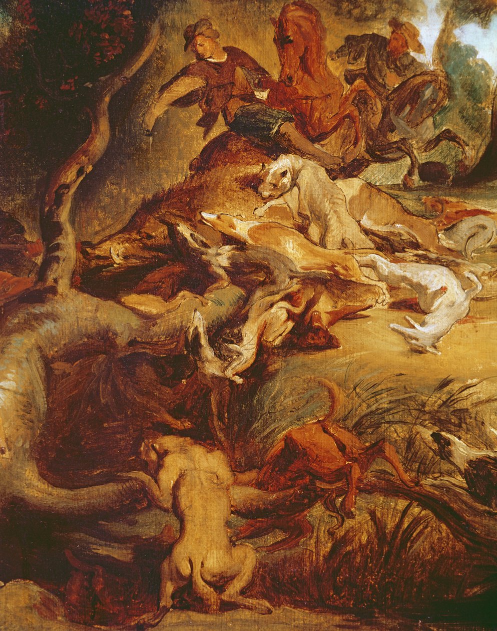 Detalj av Vildsvinsjakten, efter en målning av Rubens, ca 1840-50 (se 203232) av Ferdinand Victor Eugene Delacroix