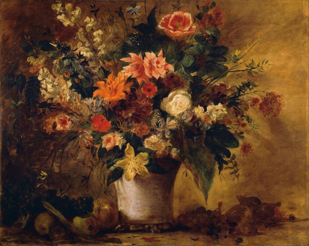 Blommor och frukt (olja på duk) av Ferdinand Victor Eugene Delacroix