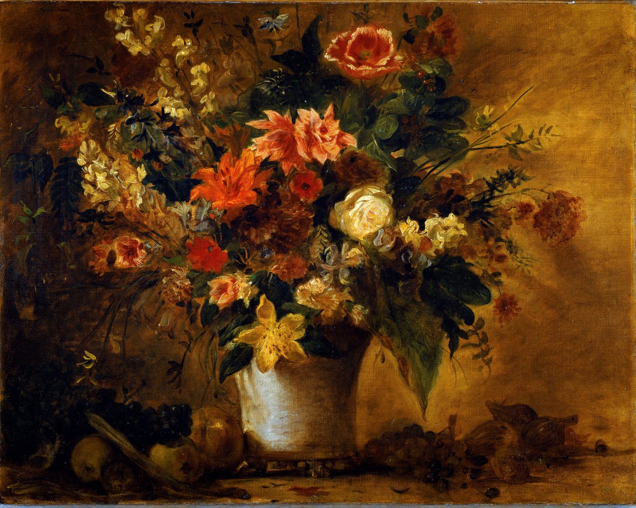 Blommor och frukter Bukett av blommor i en vas av grees. Målning av Eugene Delacroix (1798-1863) 1843 ca. Sol. 74x93 cm Vienna Kunsthistorisches Museum, Neue Gallery av Ferdinand Victor Eugene Delacroix