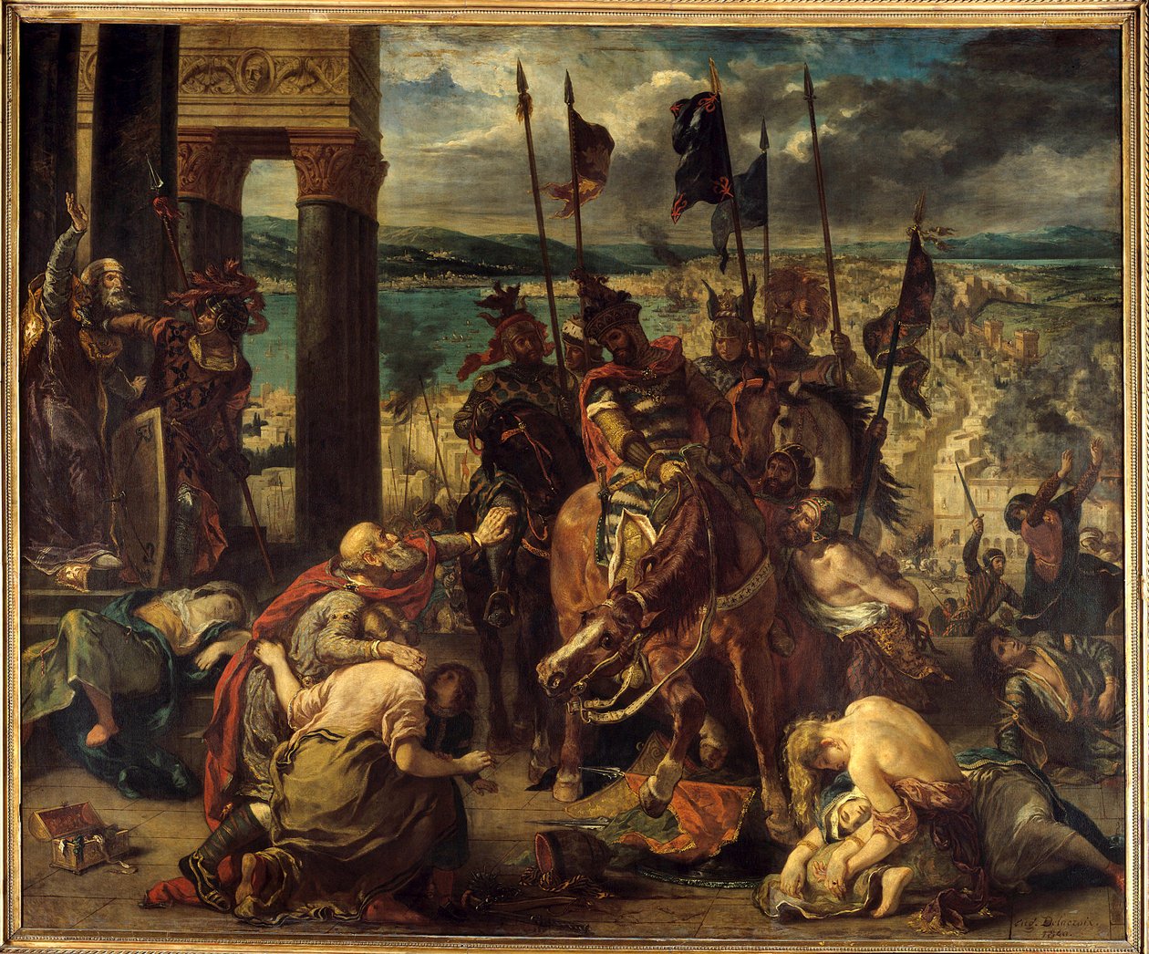 Fjärde korståget: "" Erövringen av Konstantinopel av korsarna den 12/04/1204"" Inträde i staden, av Baudouin IX av Flandern (eller Baudouin VI av Hainaut) känd som Baudouin 1:a av Konstantinopel (1171-1206), befälhavare för korstågen och Doge Henri Dandolo av Ferdinand Victor Eugene Delacroix