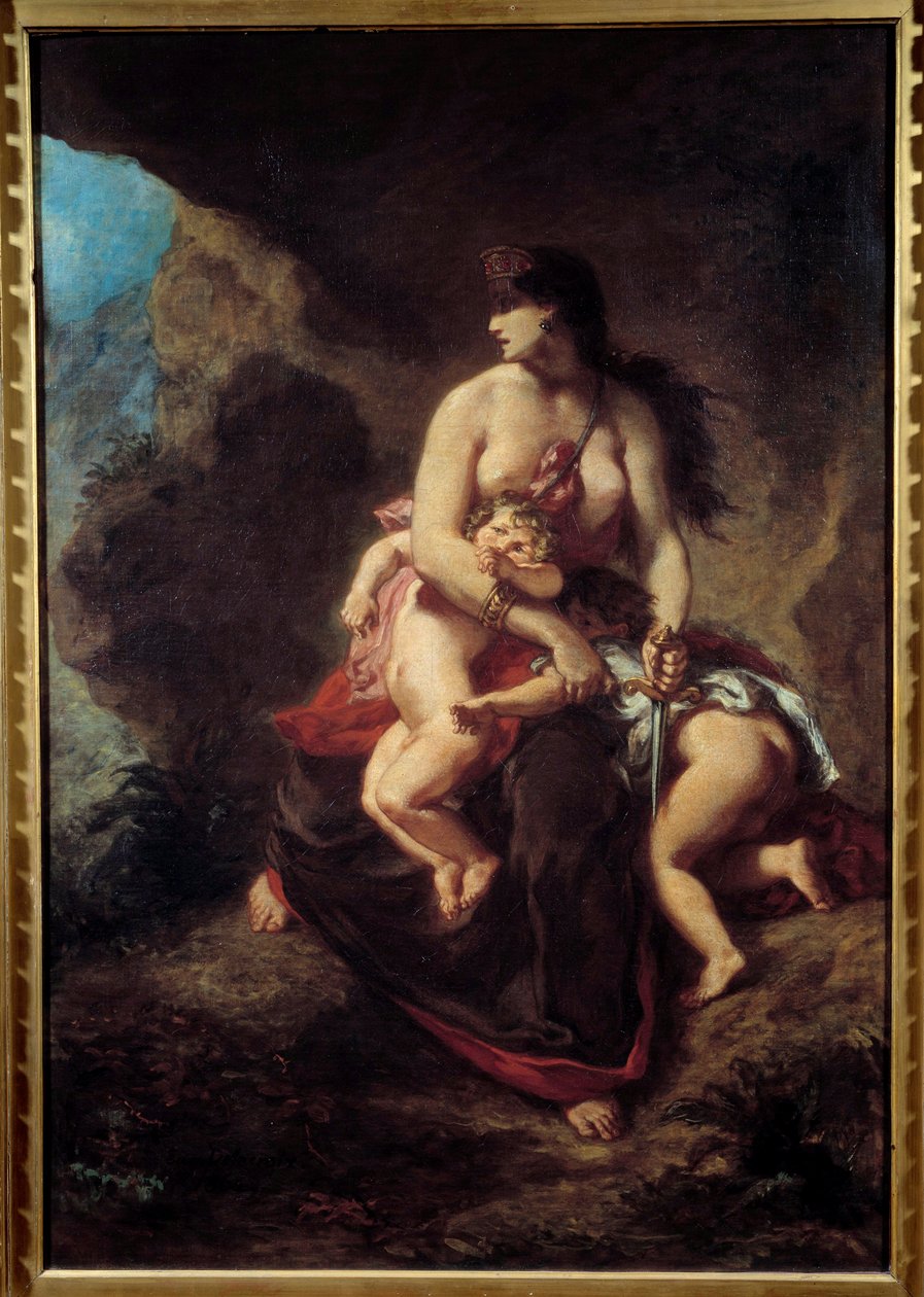 Rasande Medee Medee mördar sina två barn i en grotta. Målning av Eugene Delacroix (1798-1863) av Ferdinand Victor Eugene Delacroix