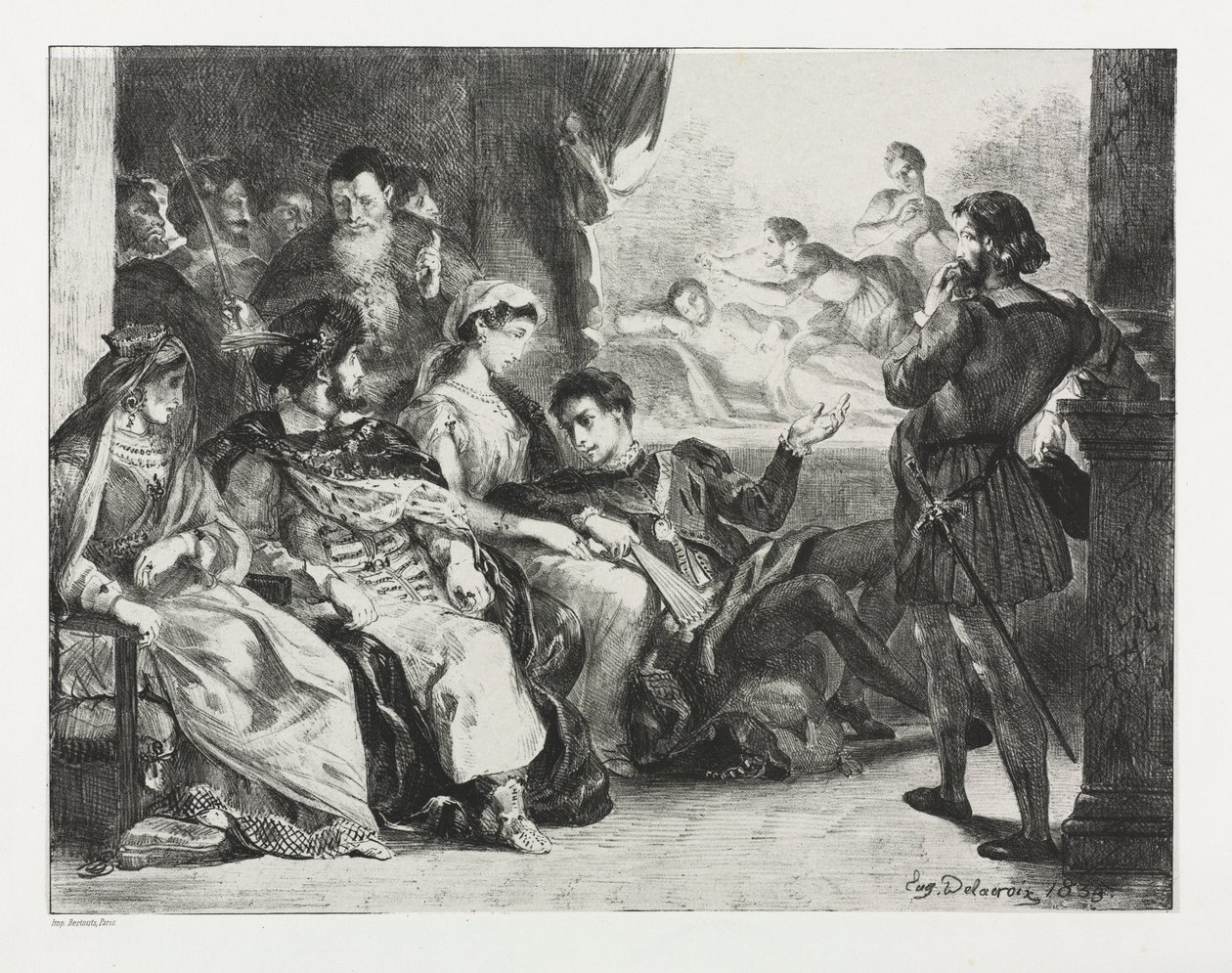 Hamlet: Hamlet beordrar skådespelarna att göra en scen från hans fars förgiftning, 1834. av Ferdinand Victor Eugene Delacroix