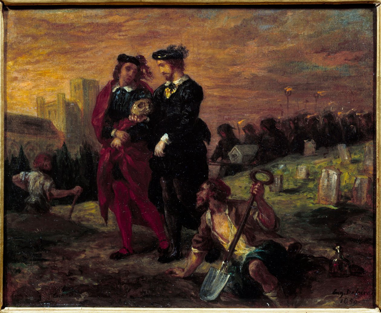 Hamlet och Horatio på kyrkogården. Akt V i William Shakespeares pjäs "Hamlet". Målning av Eugene Delacroix (1798-1863) Ec. Fr. av Ferdinand Victor Eugene Delacroix