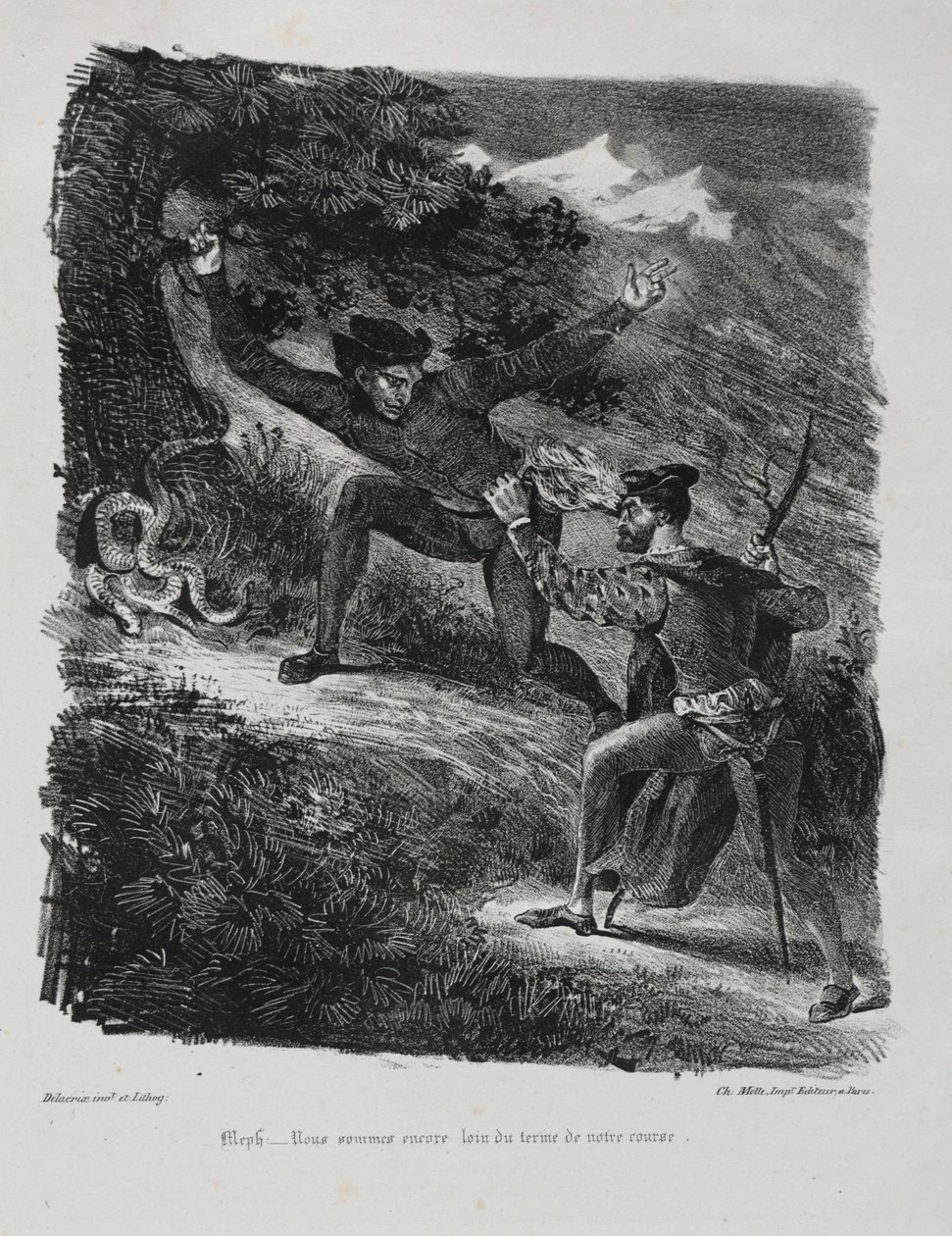 Illustrationer för Faust: Faust och Méphistophélés i bergen i Hartz, 1828. av Ferdinand Victor Eugene Delacroix