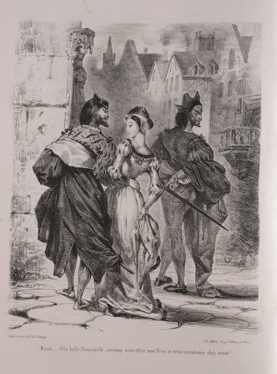 Illustrationer för Faust: Faust försöker locka Marguerite, 1828. av Ferdinand Victor Eugene Delacroix