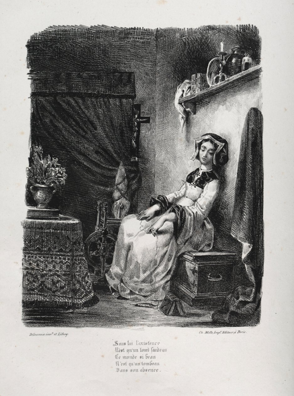 Illustrationer för Faust: Marguerite med hjulet, 1828. av Ferdinand Victor Eugene Delacroix