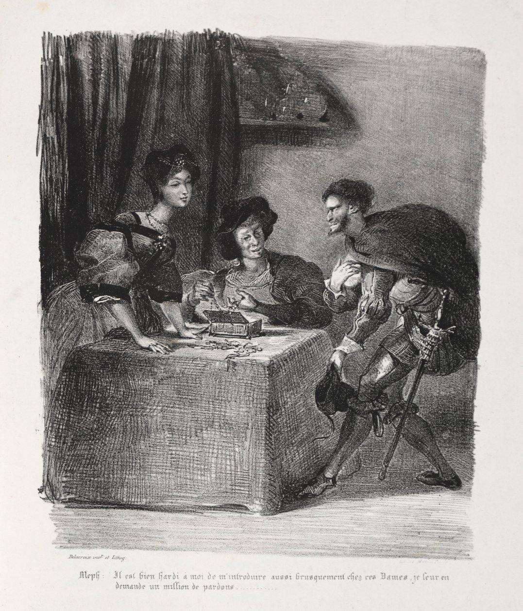Illustrationer för Faust: Méphistophelés är i Marthe, 1828. av Ferdinand Victor Eugene Delacroix