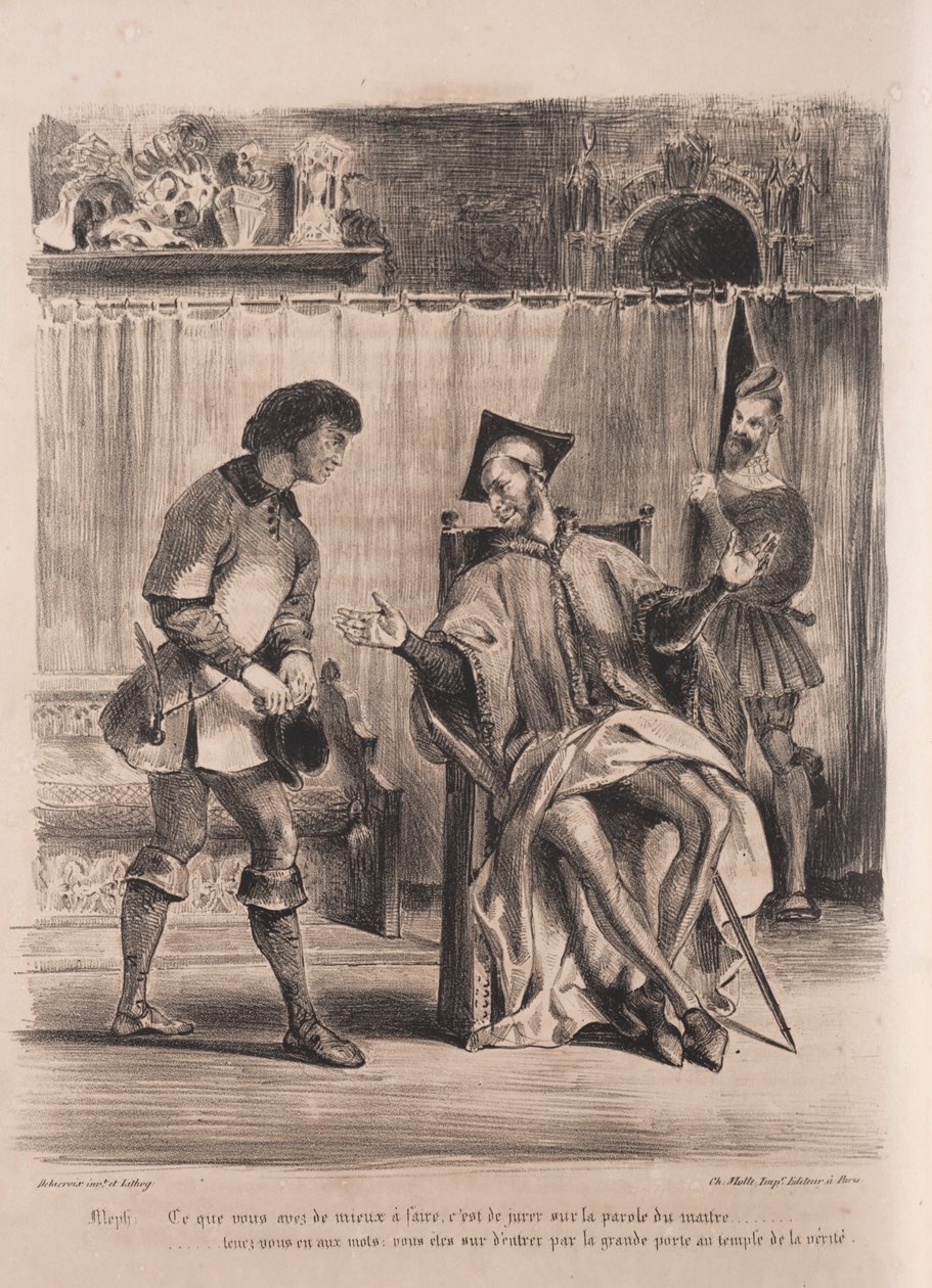 Illustrationer för Faust: Méphistophélé tar emot skolpojken, 1828. av Ferdinand Victor Eugene Delacroix
