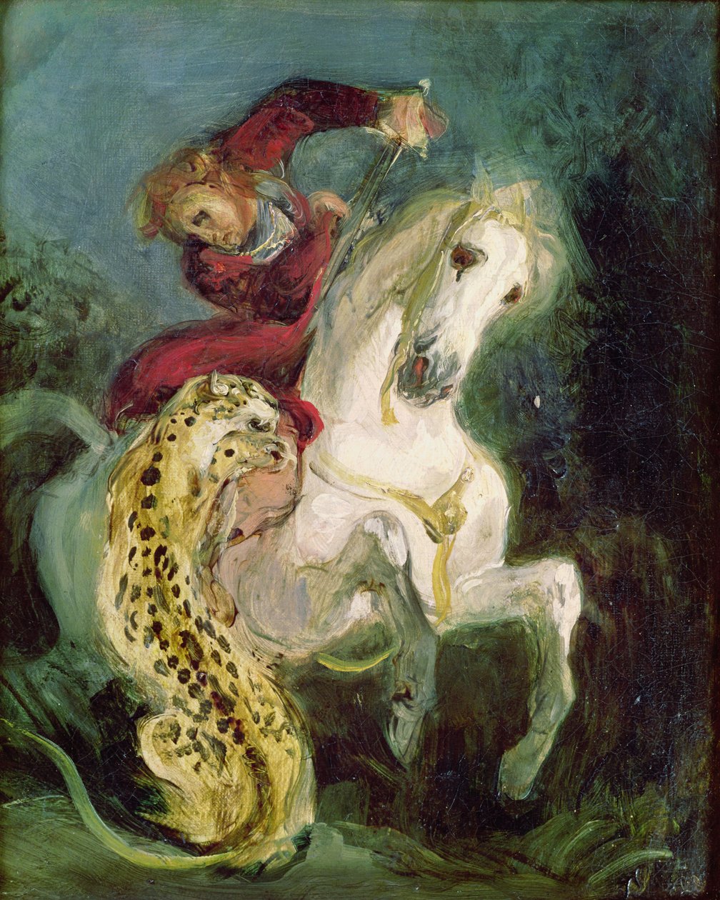 Jaguar attackerar en ryttare, ca 1855 av Ferdinand Victor Eugene Delacroix