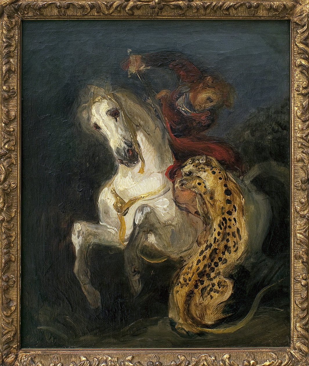 Jaguar attackerar en ryttare. Målning av Eugene Delacroix (1798-1863), Olja på duk av Ferdinand Victor Eugene Delacroix