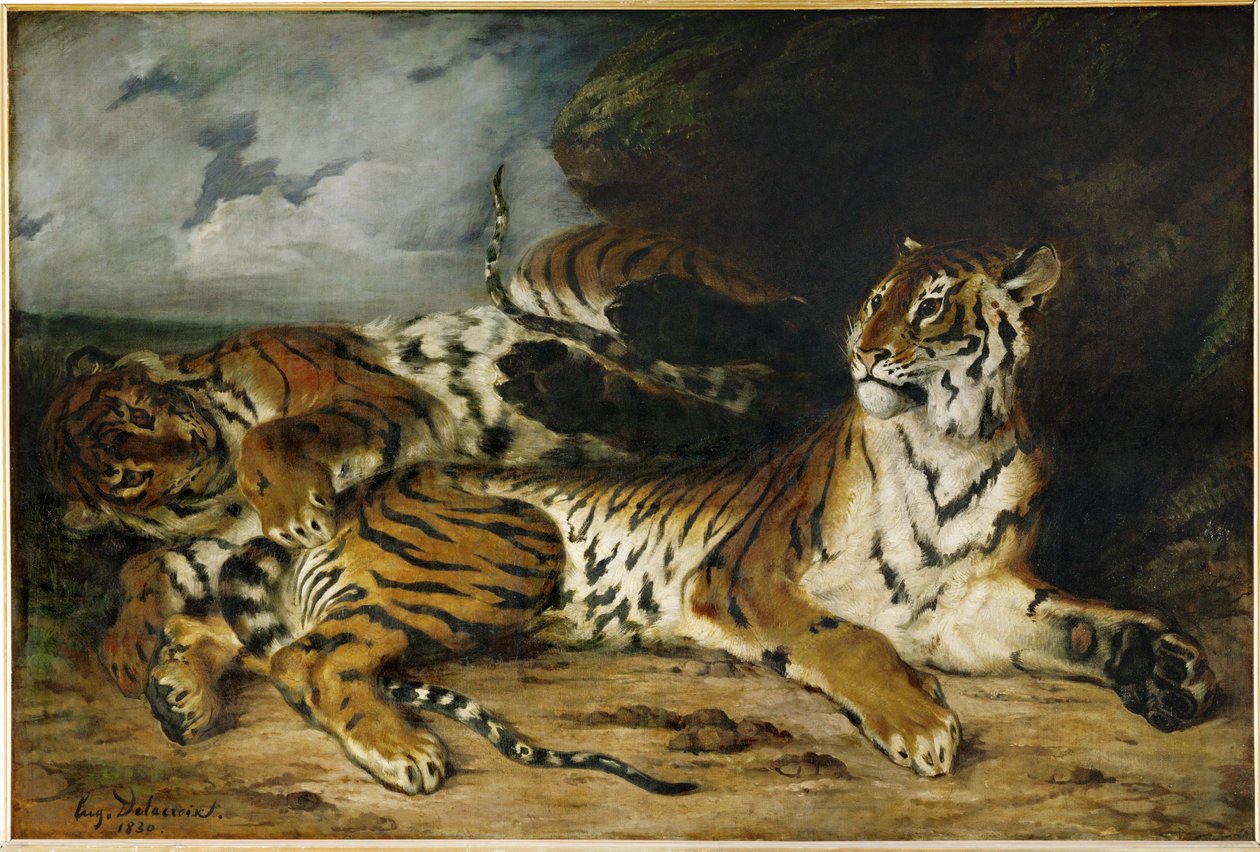 Ung tiger leker med sin mamma ... av Ferdinand Victor Eugene Delacroix