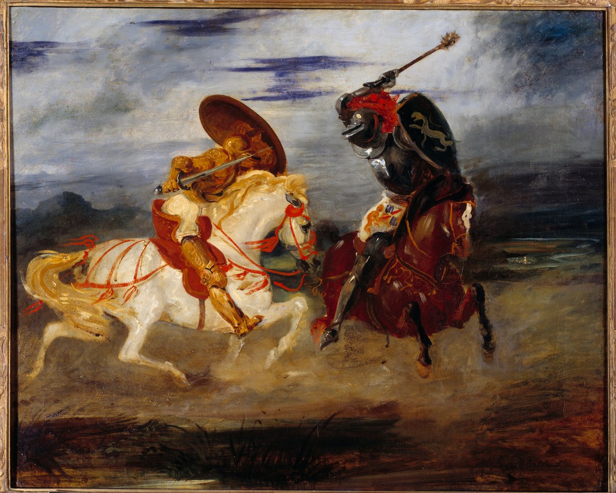 Riddare slåss på landsbygden. Målning av Eugene Delacroix (1798-1863) av Ferdinand Victor Eugene Delacroix