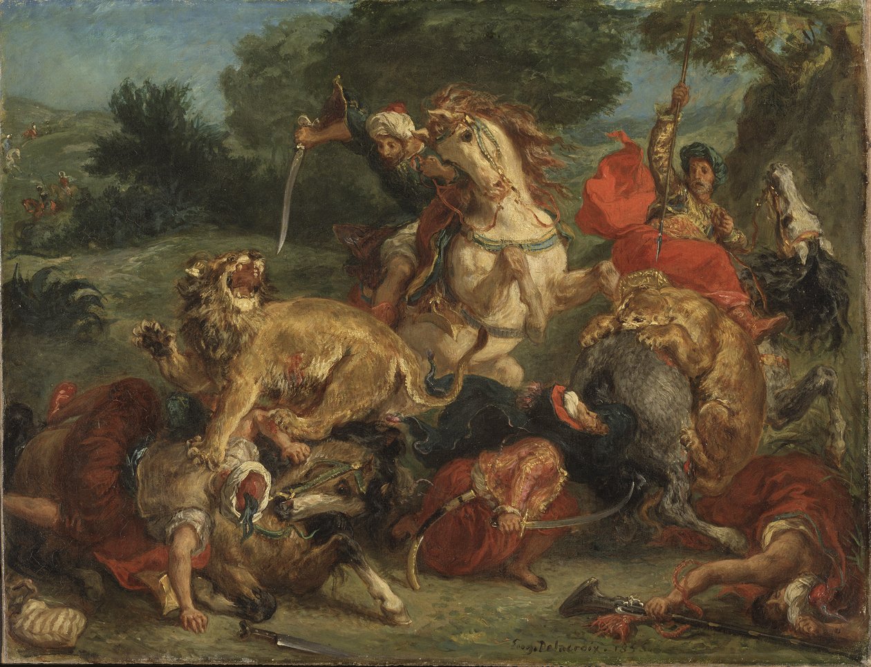 La chasse au lion - Lejonjakten, av Delacroix, Eugene (1798-1863). Olja på duk av Ferdinand Victor Eugene Delacroix