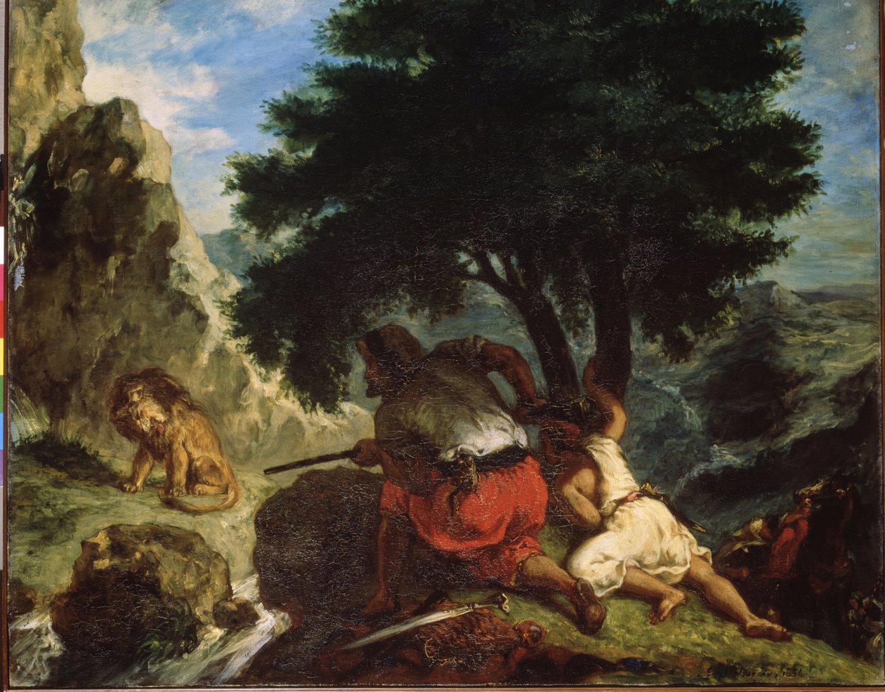""Lejonjakten i Marocko"" (Lejonjakten i Marocko) Målning av Eugene Delacroix (1798-1863) 1854 Orientalism Mått 74x92 cm Eremitagemuseet, Sankt Petersburg av Ferdinand Victor Eugene Delacroix