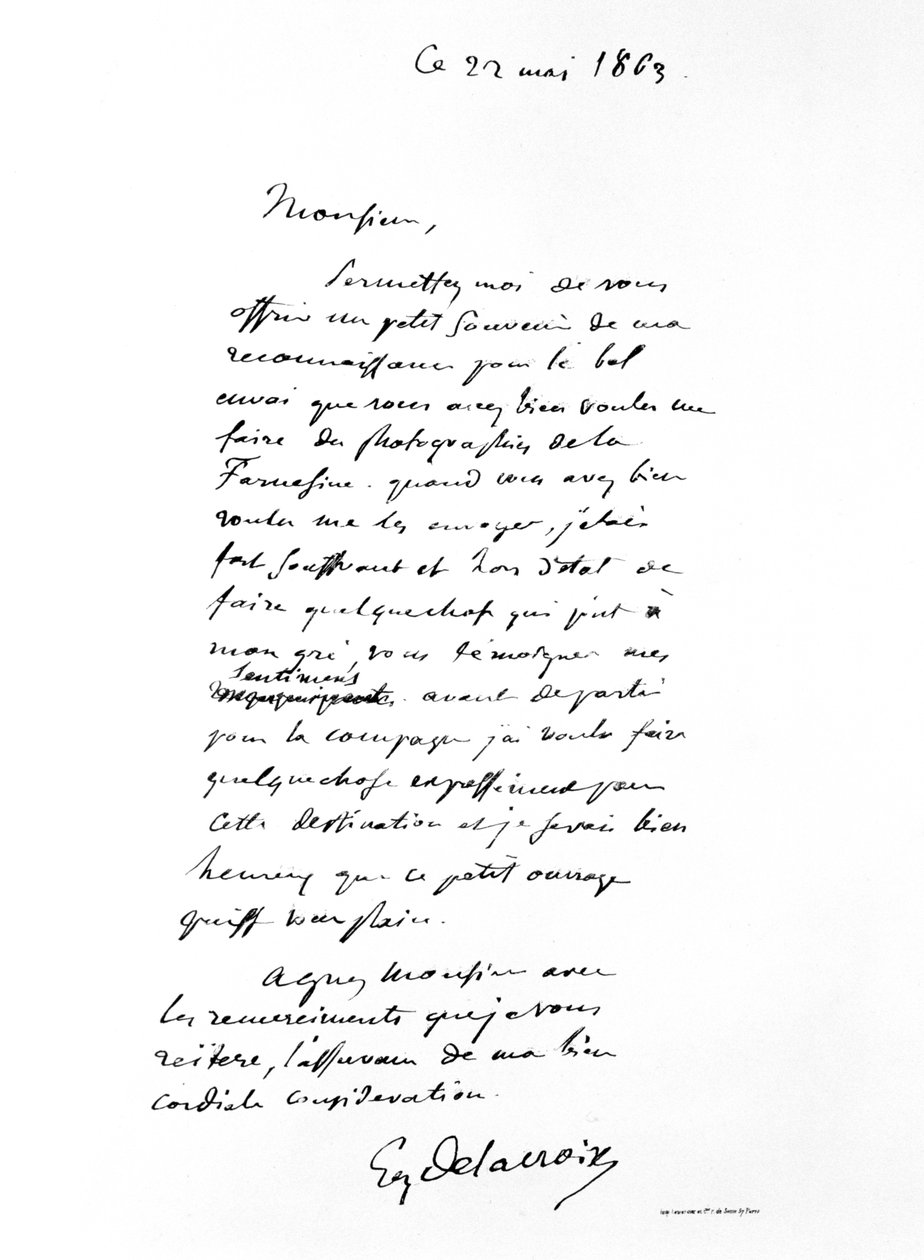 Brev undertecknat av Eugene Delacroix, fransk romantisk konstnär, 1863 av Ferdinand Victor Eugene Delacroix
