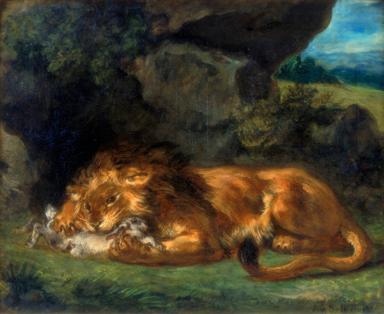 Lejon som slukar en kanin, 1800-talet av Ferdinand Victor Eugene Delacroix