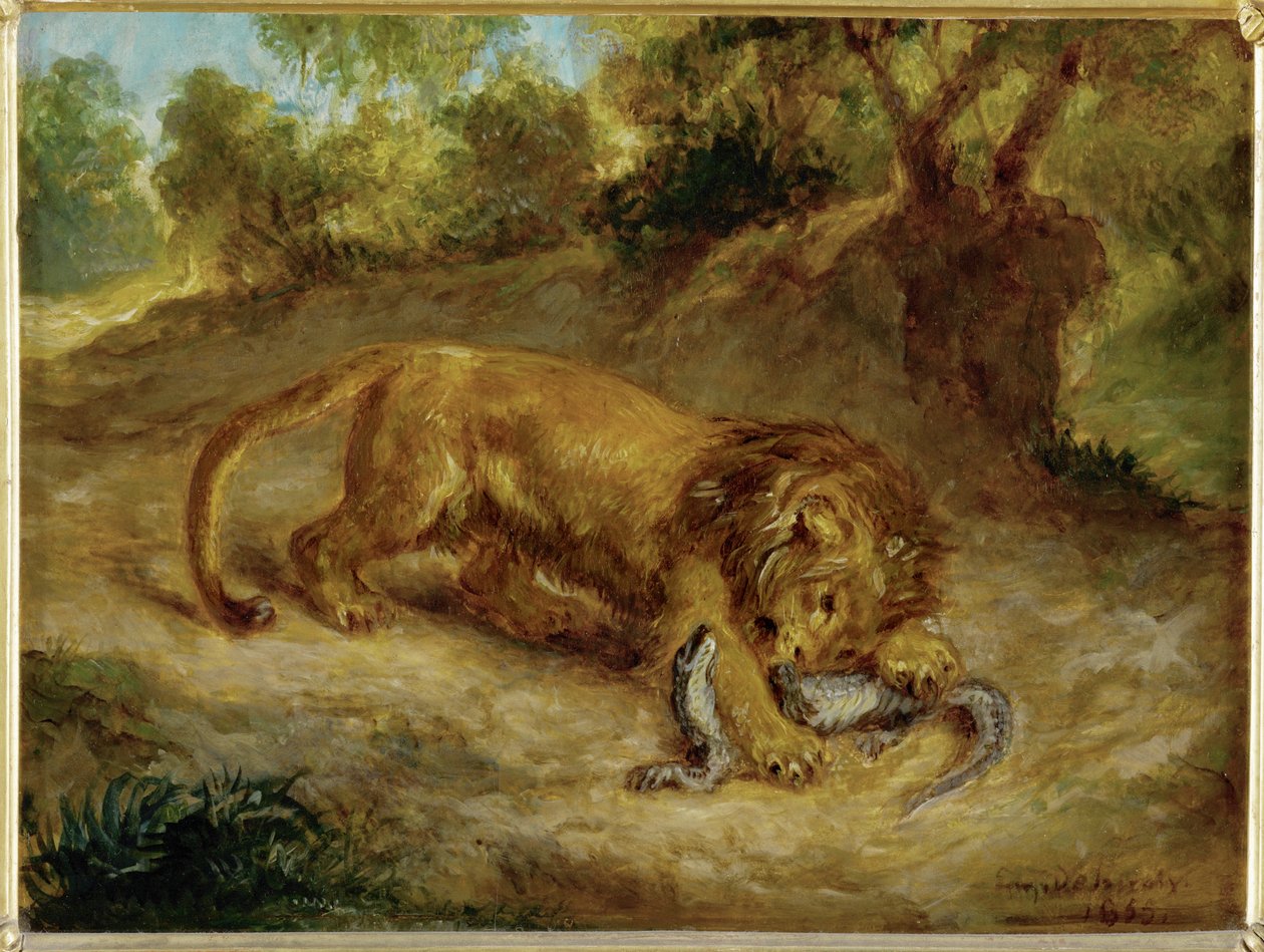 Lion och Cayman... av Ferdinand Victor Eugene Delacroix