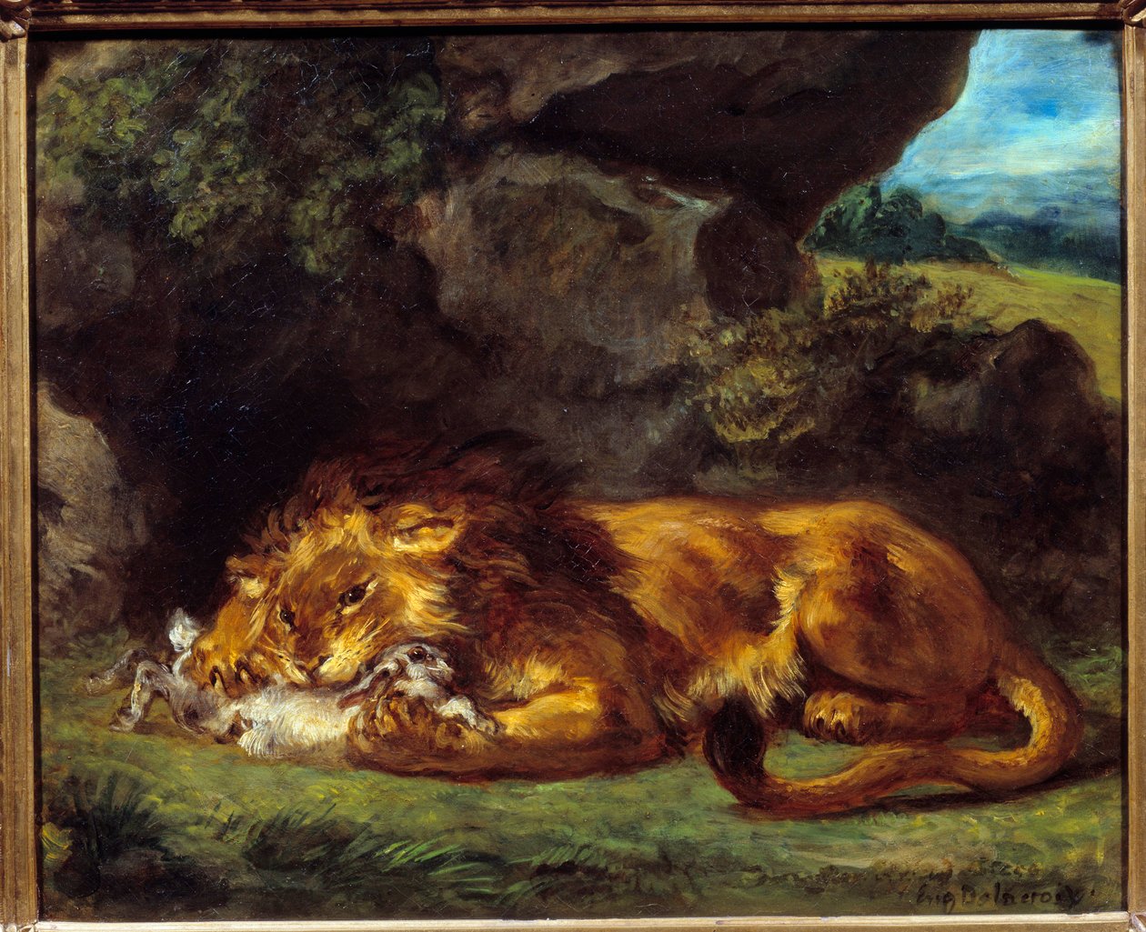 Lejon som slår en kanin. Målning av Eugene Delacroix (1798-1863) av Ferdinand Victor Eugene Delacroix