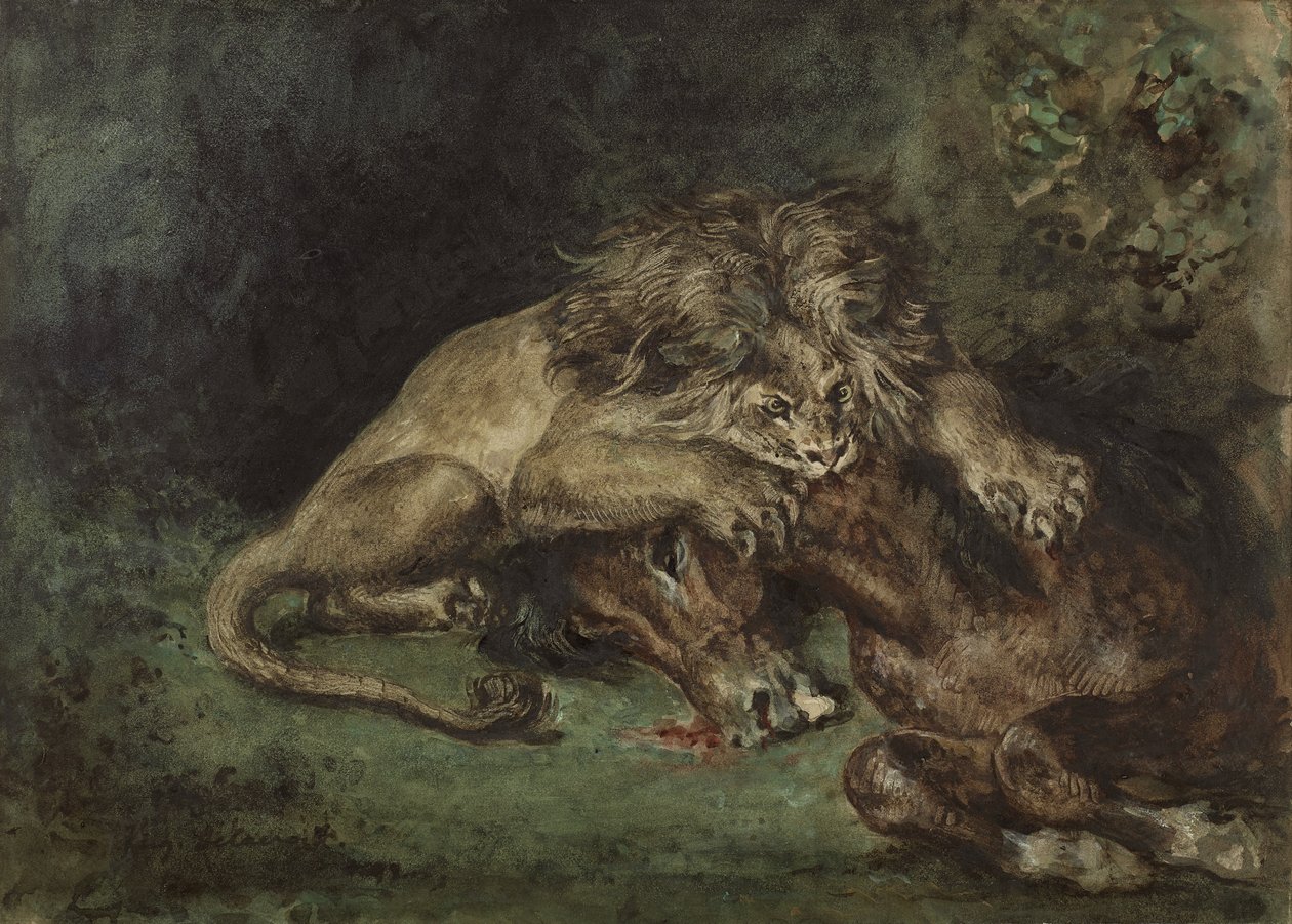 Lion dévorant un cheval (Lejon som slukar en häst), ca. 1844 (akvarell, kroppsfärg och gummi arabiska med grafit på papper, monterad på tavla) av Ferdinand Victor Eugene Delacroix