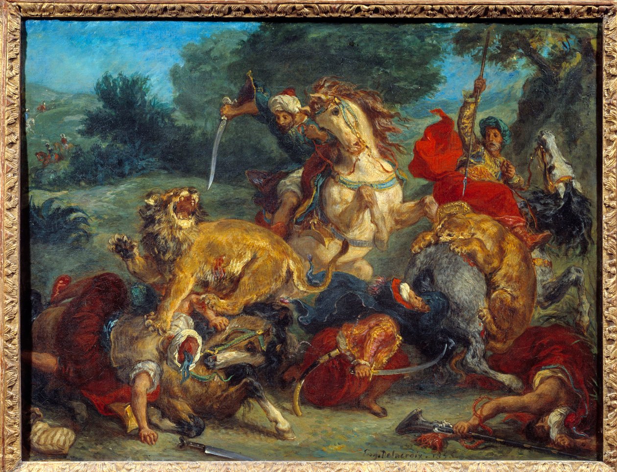 Lejonjakt. Målning av Eugene Delacroix (1798-1863) av Ferdinand Victor Eugene Delacroix