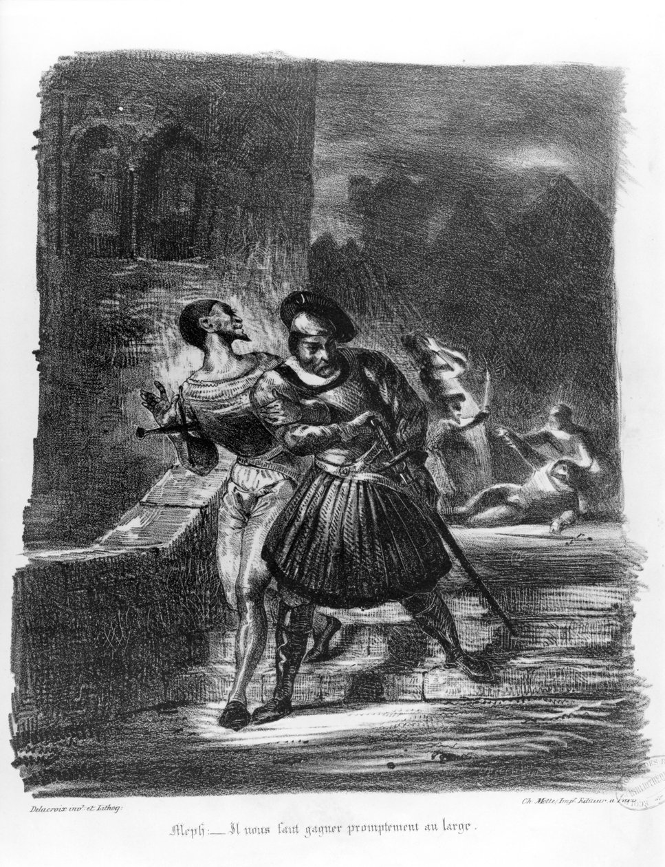 Mephistopheles och Faust flyr efter Alla hjärtans död, från Goethes Faust, 1828, (illustration), (bw foto av litografi) av Ferdinand Victor Eugene Delacroix