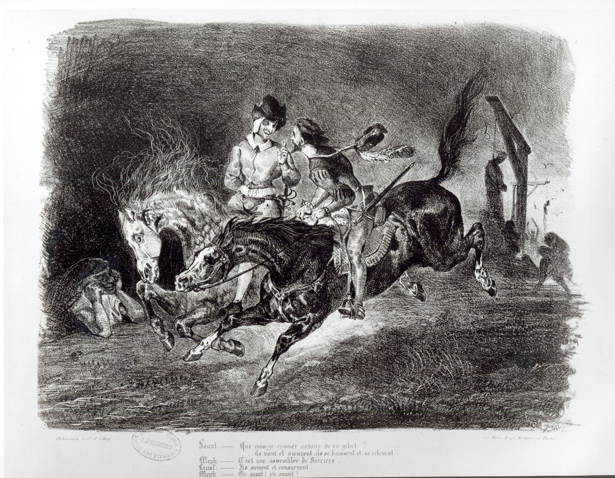 Mefistofeles och Faust rider i natten, Illustration för Faust av Goethe, 1828 av Ferdinand Victor Eugene Delacroix