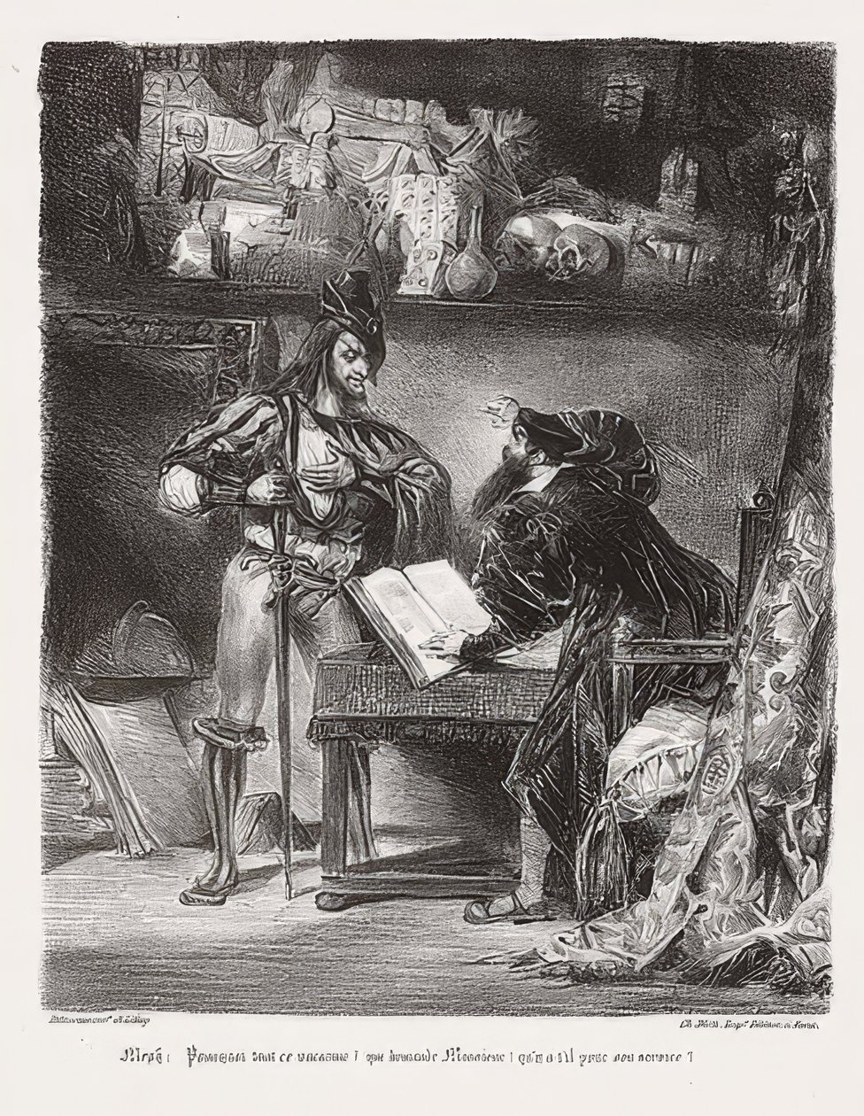Mephistopheles uppträder i Faust (Mephisto visas Faust). 1828 av Ferdinand Victor Eugene Delacroix